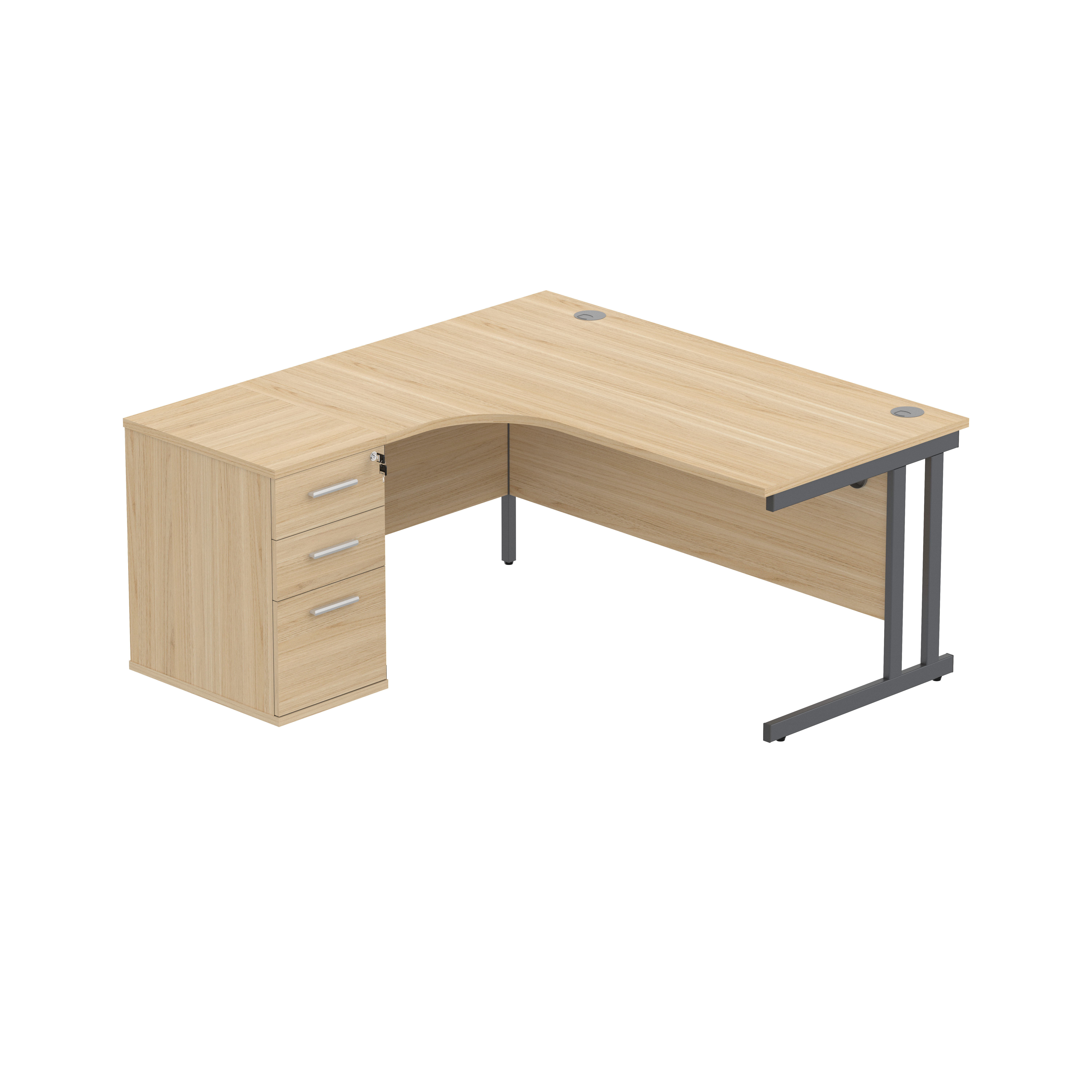 Double Upright Left Hand Radial Desk + Desk High Pedestal (FSC) | 600mm Deep Pedestal | 1600X1200 | Canadian Oak/Graphite