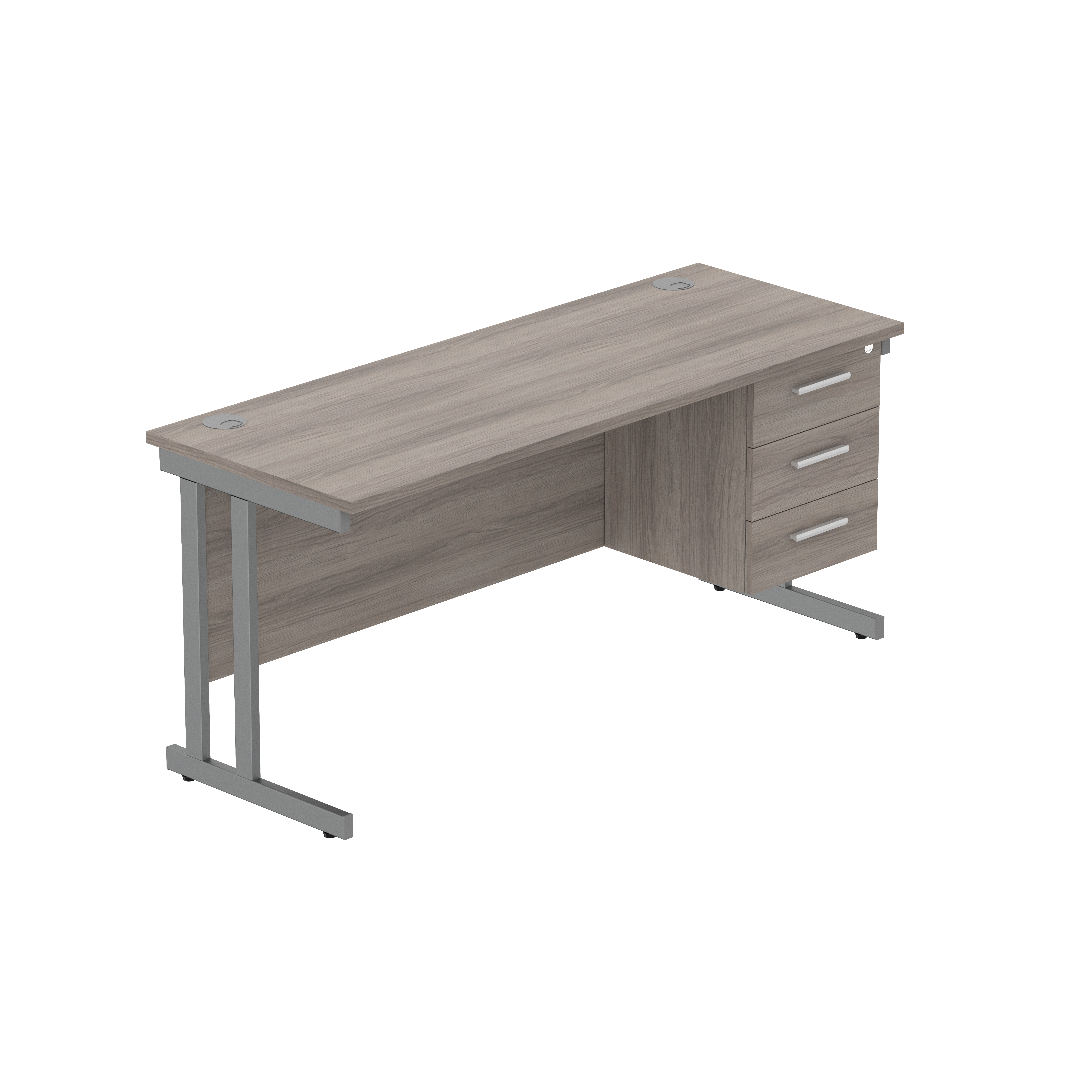 Office Rectangular Desk with Steel Double Upright Cantilever Legs + 3 Drawer Fixed Pedestal (FSC) | 1600X600 | Alaskan Grey Oak/Graphite