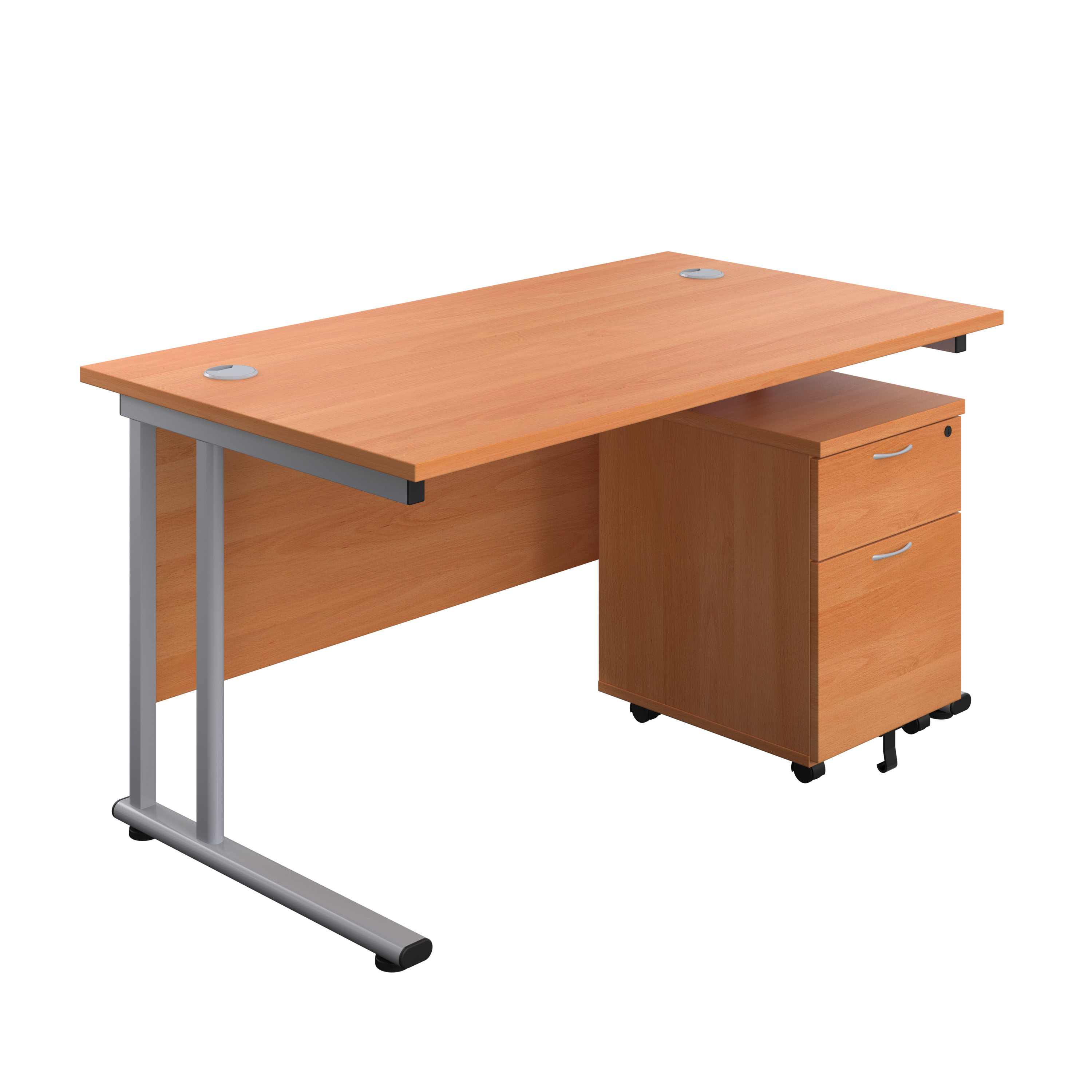 Twin+Upright+Rectangular+Desk+%2B+Mobile+2+Drawer+Pedestal+%28FSC%29+1400X800+Beech%2FSilver