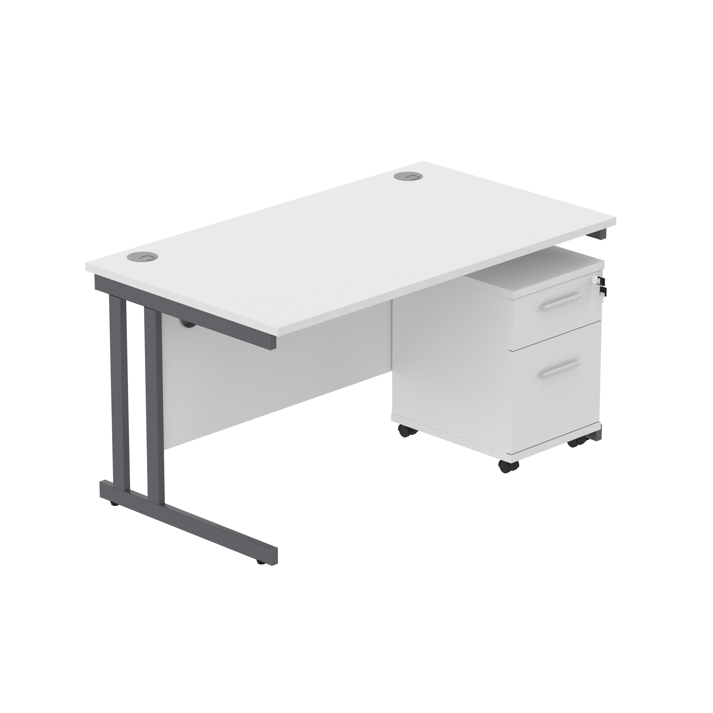 Double Upright Rectangular Desk + 2 Drawer Mobile Under Desk Pedestal (FSC) | 1400X800 | Arctic White/Graphite
