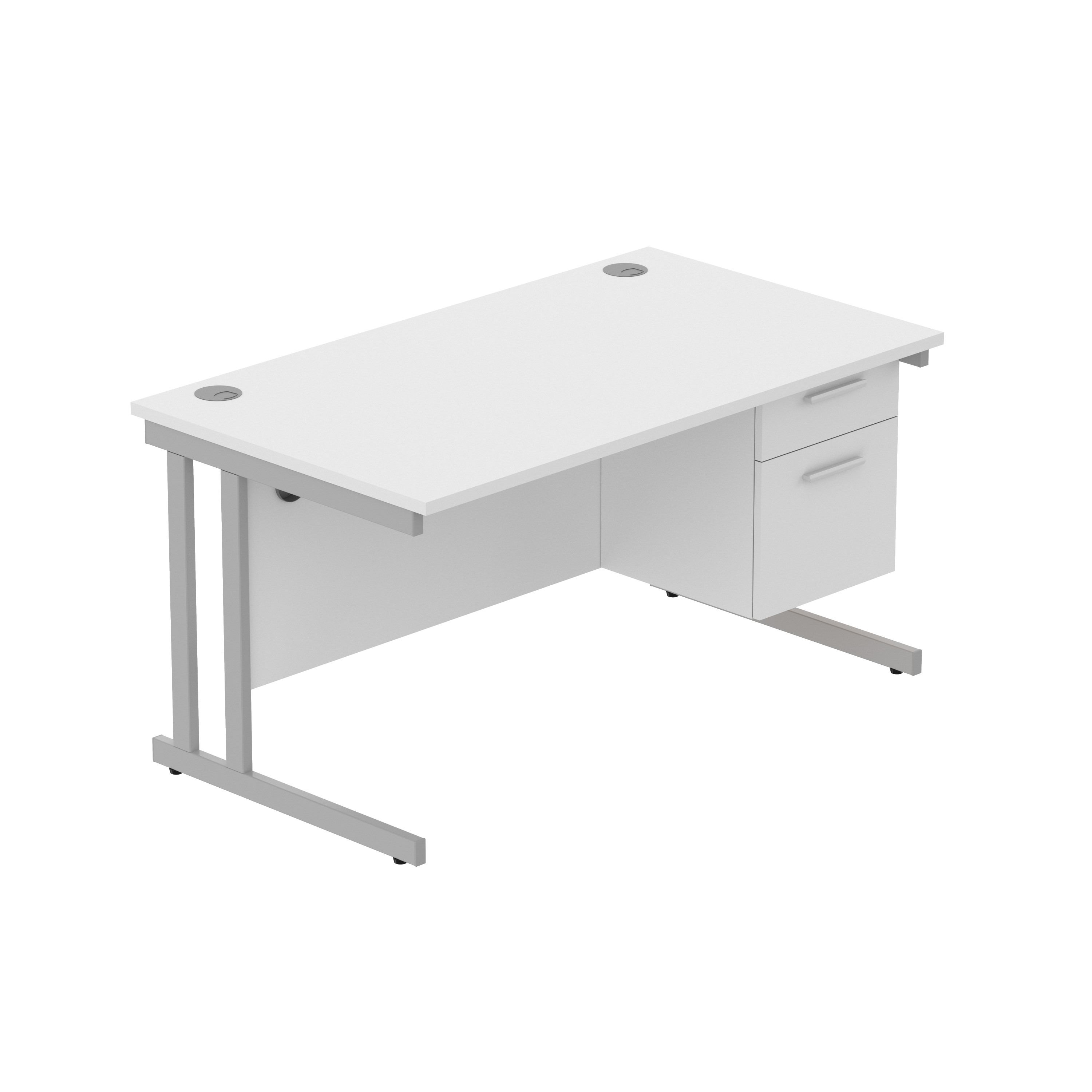 Office Rectangular Desk with Steel Double Upright Cantilever Legs + 2 Drawer Fixed Pedestal (FSC) | 1400X800 | Arctic White/Silver