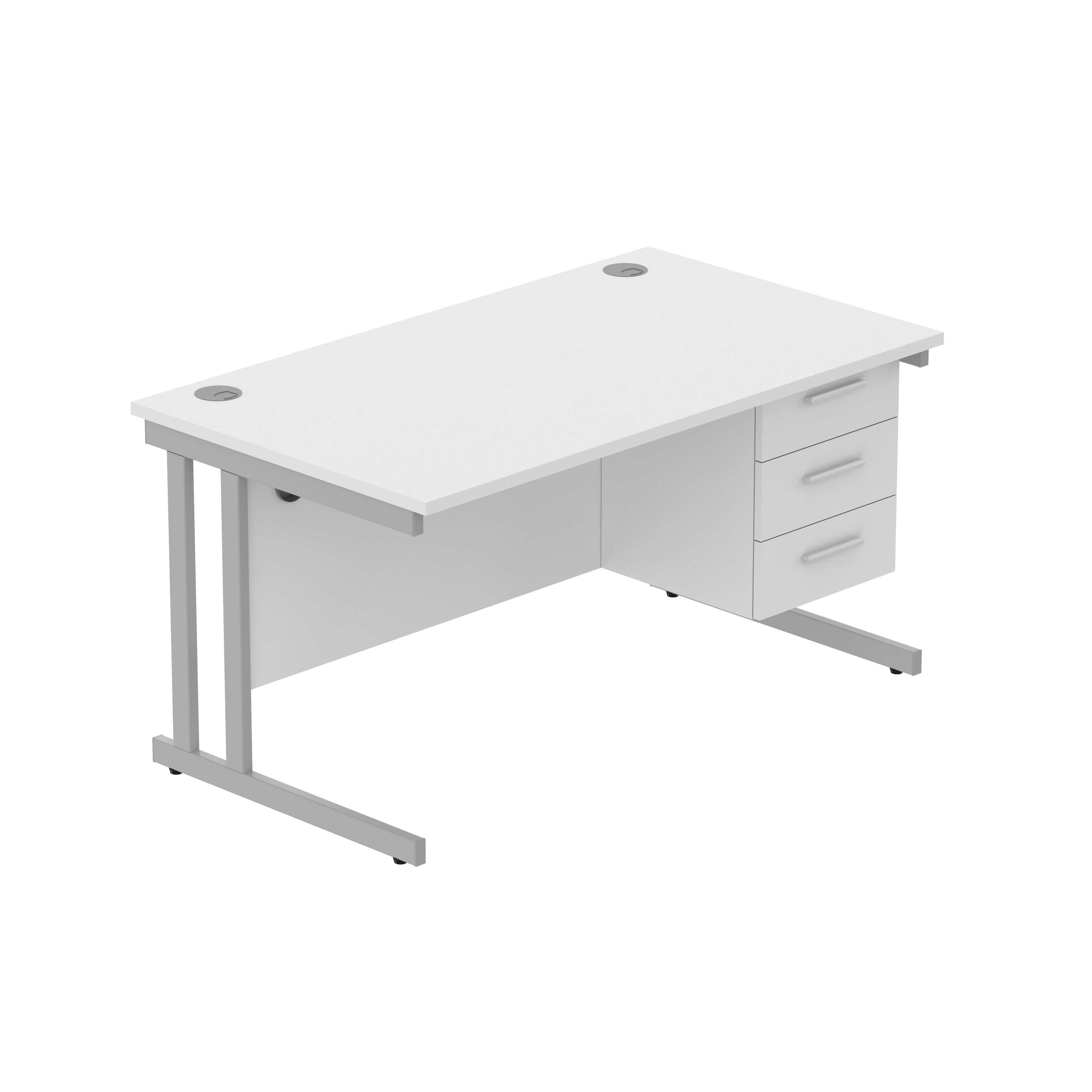 Office Rectangular Desk with Steel Double Upright Cantilever Legs + 3 Drawer Fixed Pedestal (FSC) | 1400X800 | Arctic White/Silver