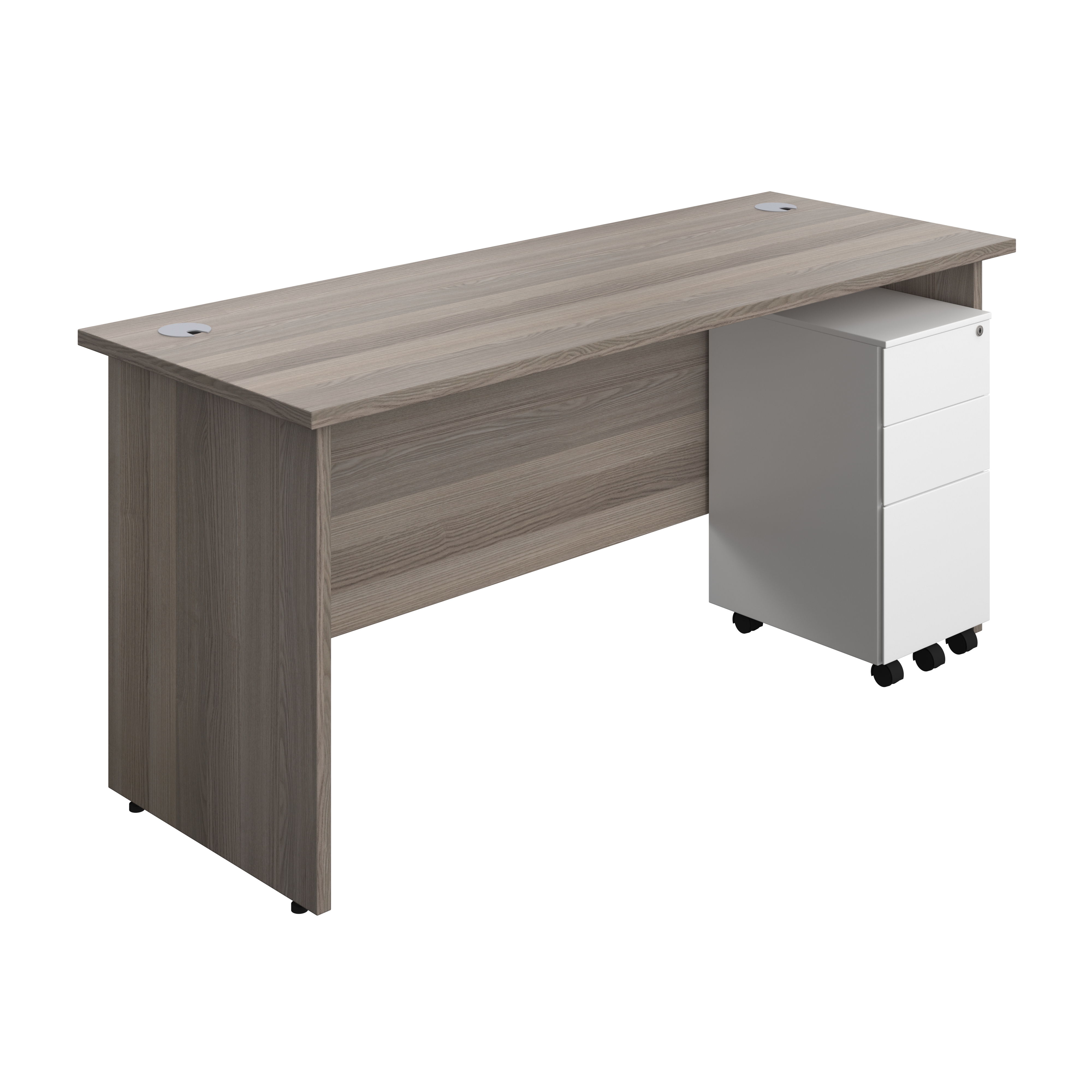 Panel Rectangular Desk + 3 Drawer Slimline Steel Pedestal Bundle (FSC) | 1600X600 | Grey Oak/White