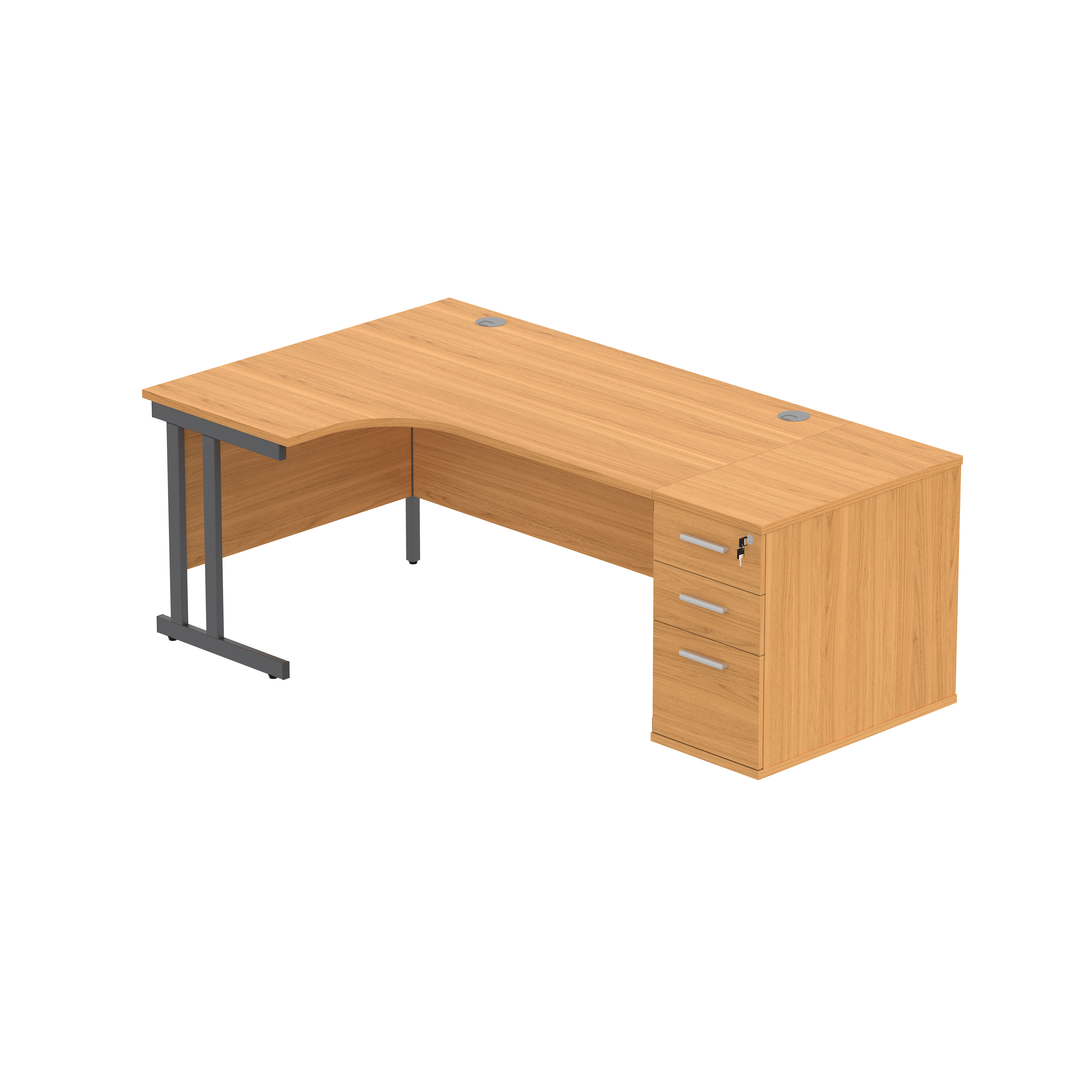 Double Upright Left Hand Radial Desk + Desk High Pedestal (FSC) | 600mm Deep Pedestal | 1600X1200 | Norwegian Beech/Graphite