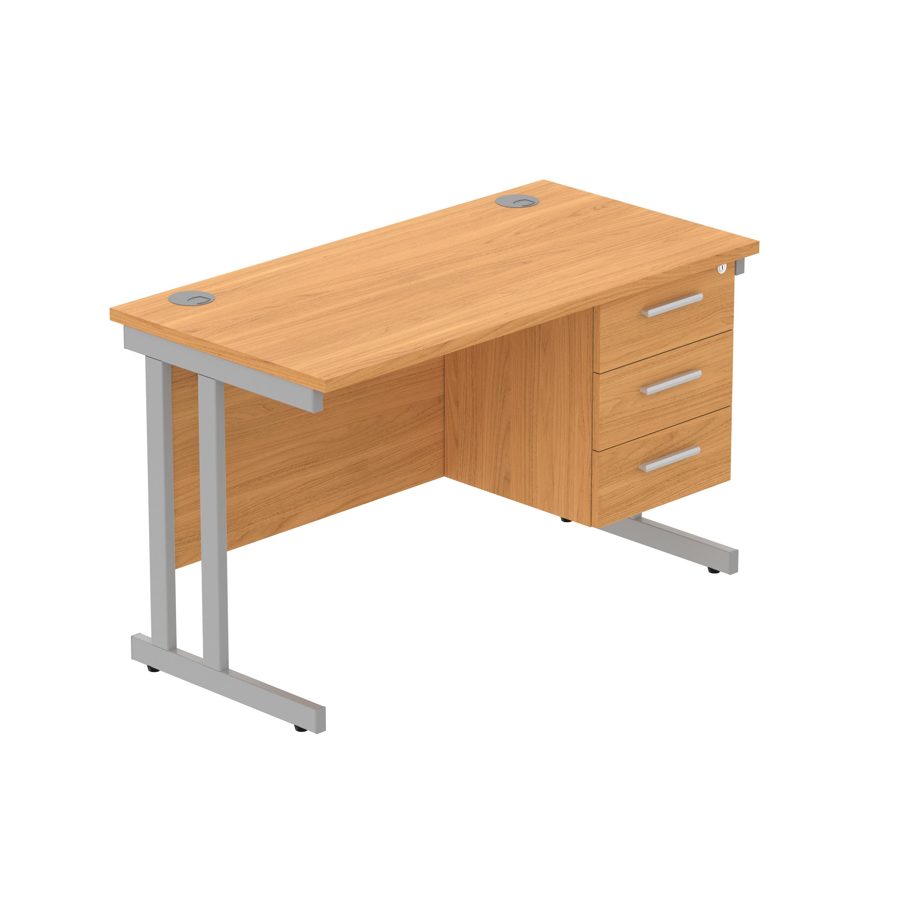 Office Rectangular Desk with Steel Double Upright Cantilever Legs + 3 Drawer Fixed Pedestal (FSC) | 1200X600 | Norwegian Beech/Silver