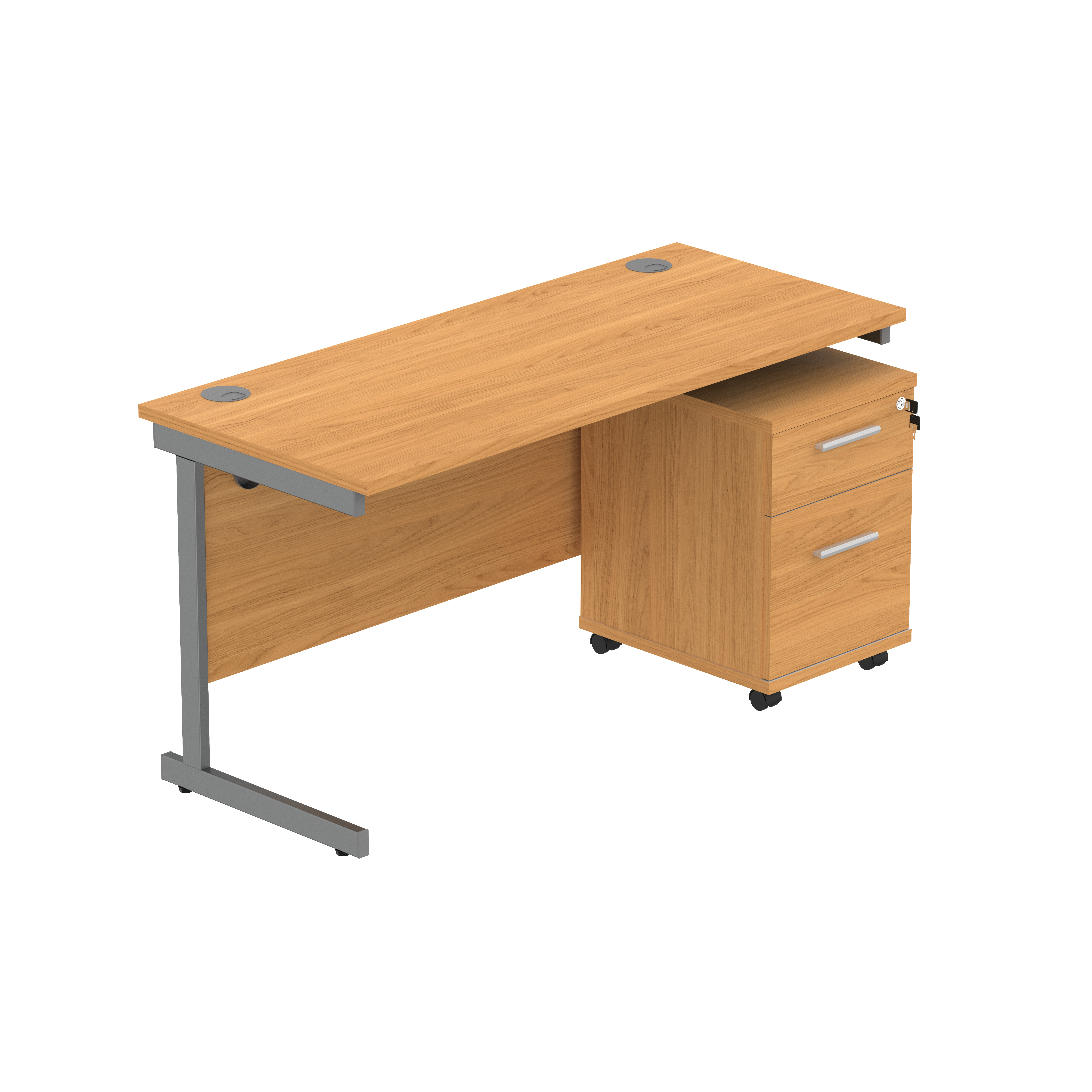Single Upright Rectangular Desk + 2 Drawer Mobile Under Desk Pedestal (FSC) | 1400 X 600 | Norwegian Beech/Graphite