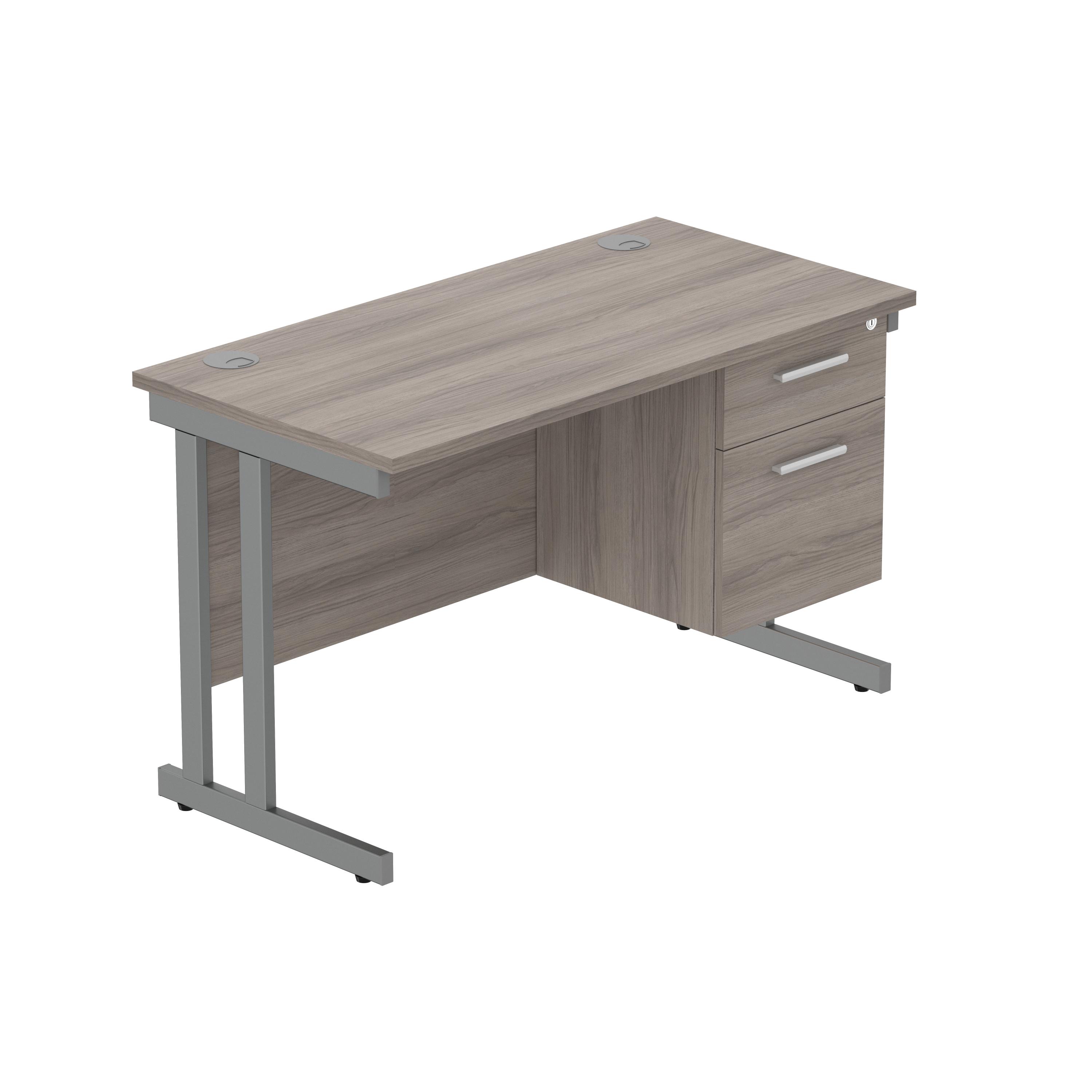 Office Rectangular Desk with Steel Double Upright Cantilever Legs + 2 Drawer Fixed Pedestal (FSC) | 1200X600 | Alaskan Grey Oak/Graphite
