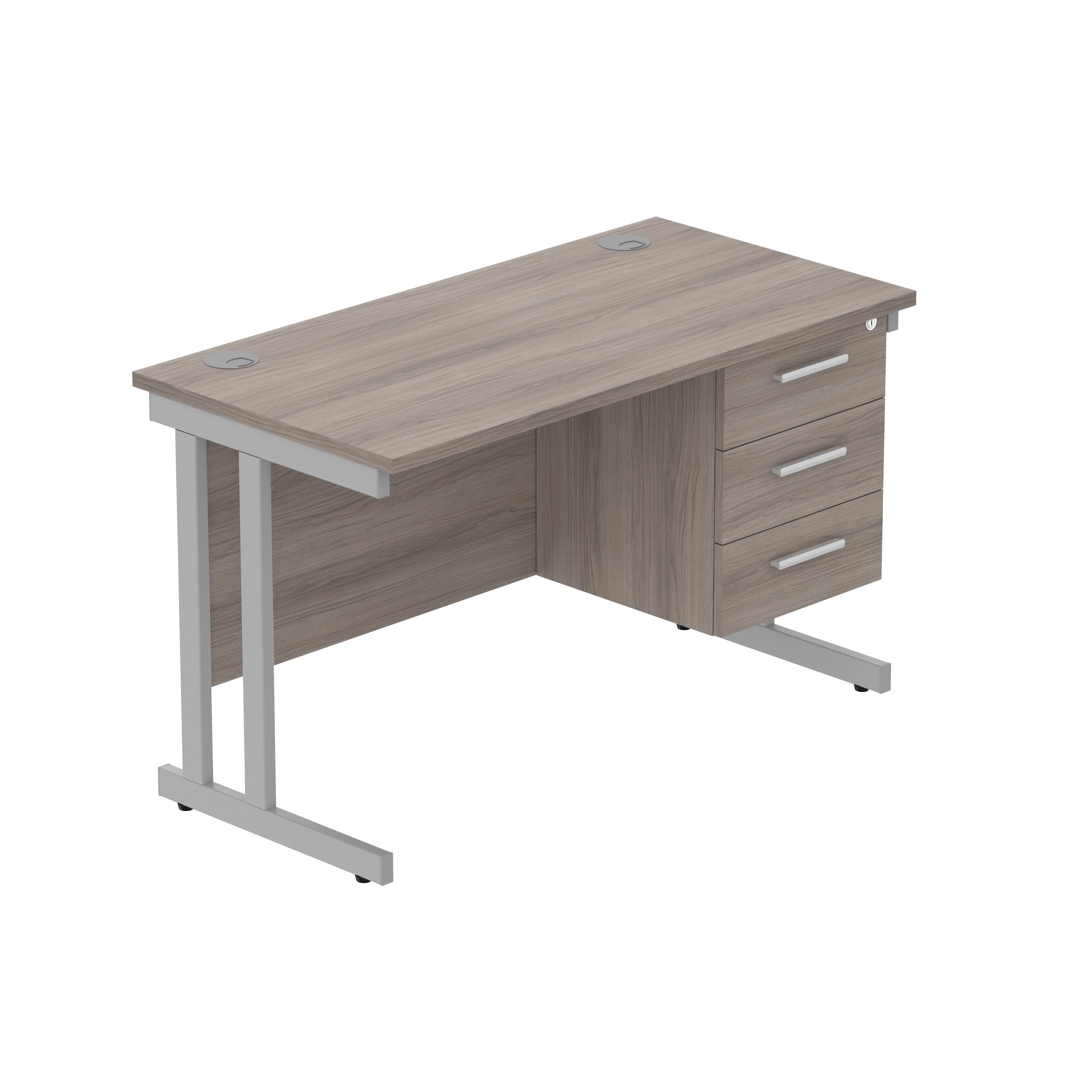 Office Rectangular Desk with Steel Double Upright Cantilever Legs + 3 Drawer Fixed Pedestal (FSC) | 1200X600 | Alaskan Grey Oak/Silver