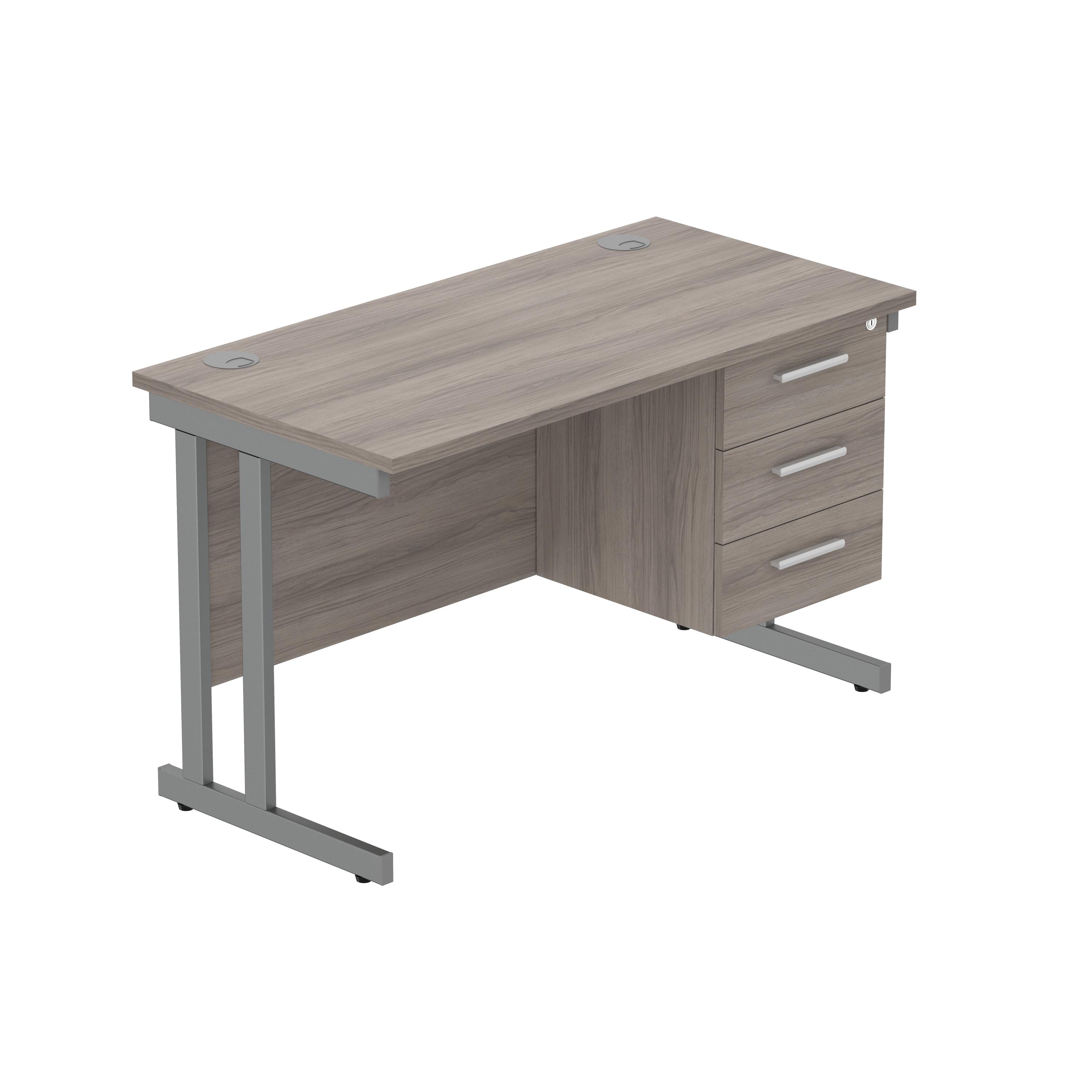 Office Rectangular Desk with Steel Double Upright Cantilever Legs + 3 Drawer Fixed Pedestal (FSC) | 1200X600 | Alaskan Grey Oak/Graphite