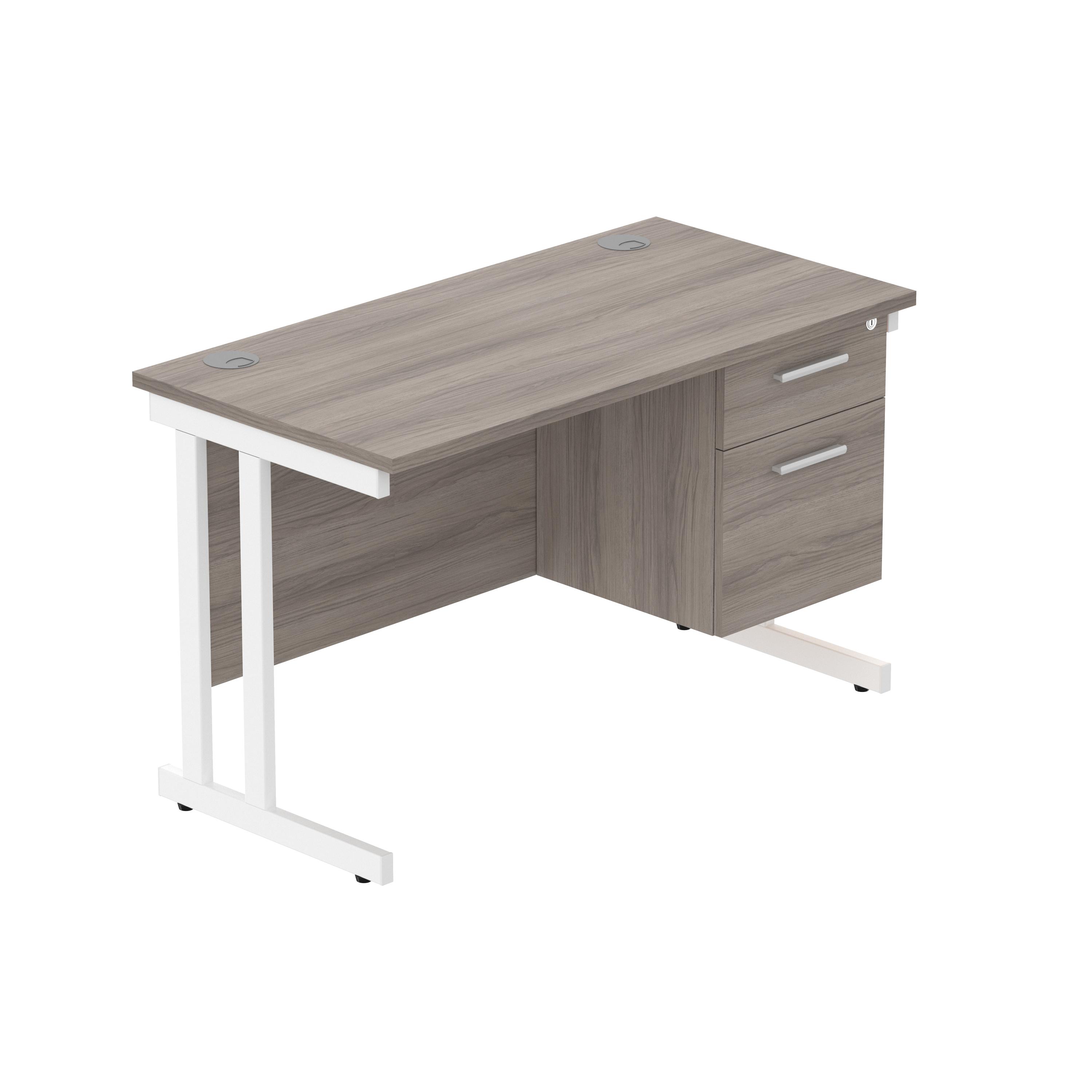 Office Rectangular Desk with Steel Double Upright Cantilever Legs + 2 Drawer Fixed Pedestal (FSC) | 1200X600 | Alaskan Grey Oak/White