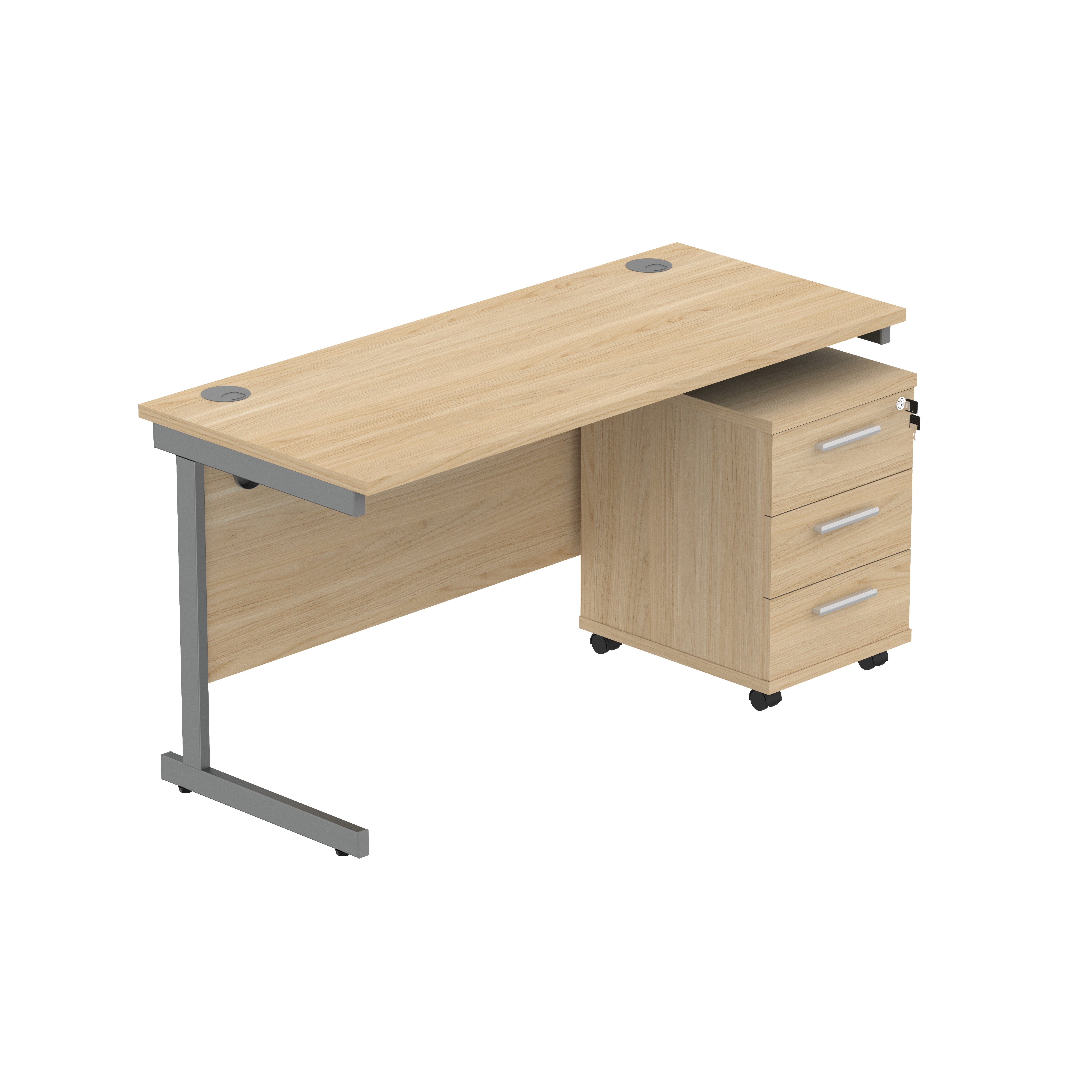 Single Upright Rectangular Desk + 3 Drawer Mobile Under Desk Pedestal (FSC) | 1400 X 600 | Canadian Oak/Graphite