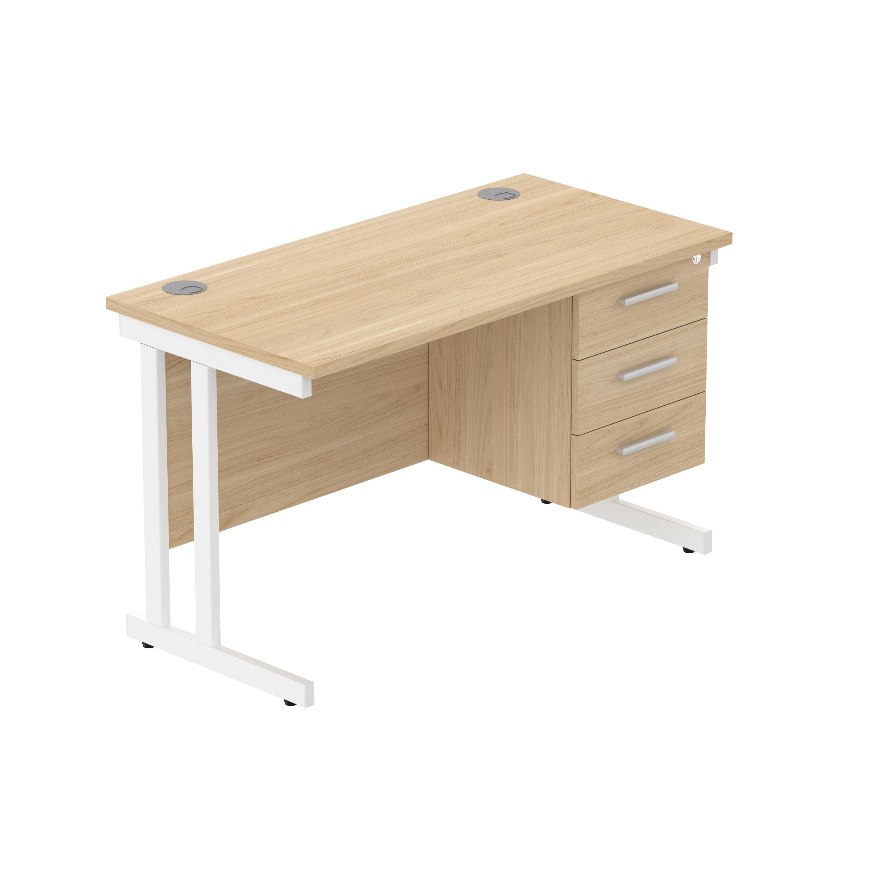 Office Rectangular Desk with Steel Double Upright Cantilever Legs + 3 Drawer Fixed Pedestal (FSC) | 1200X600 | Canadian Oak/White
