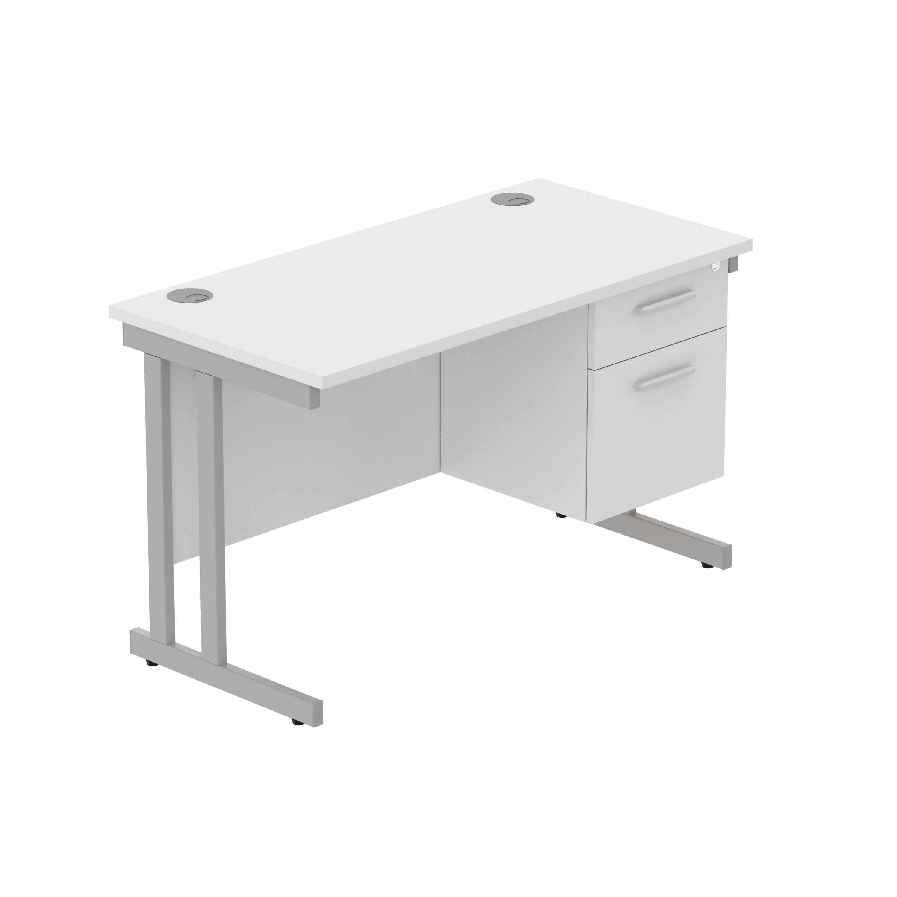 Office Rectangular Desk with Steel Double Upright Cantilever Legs + 2 Drawer Fixed Pedestal (FSC) | 1200X600 | Arctic White/Silver