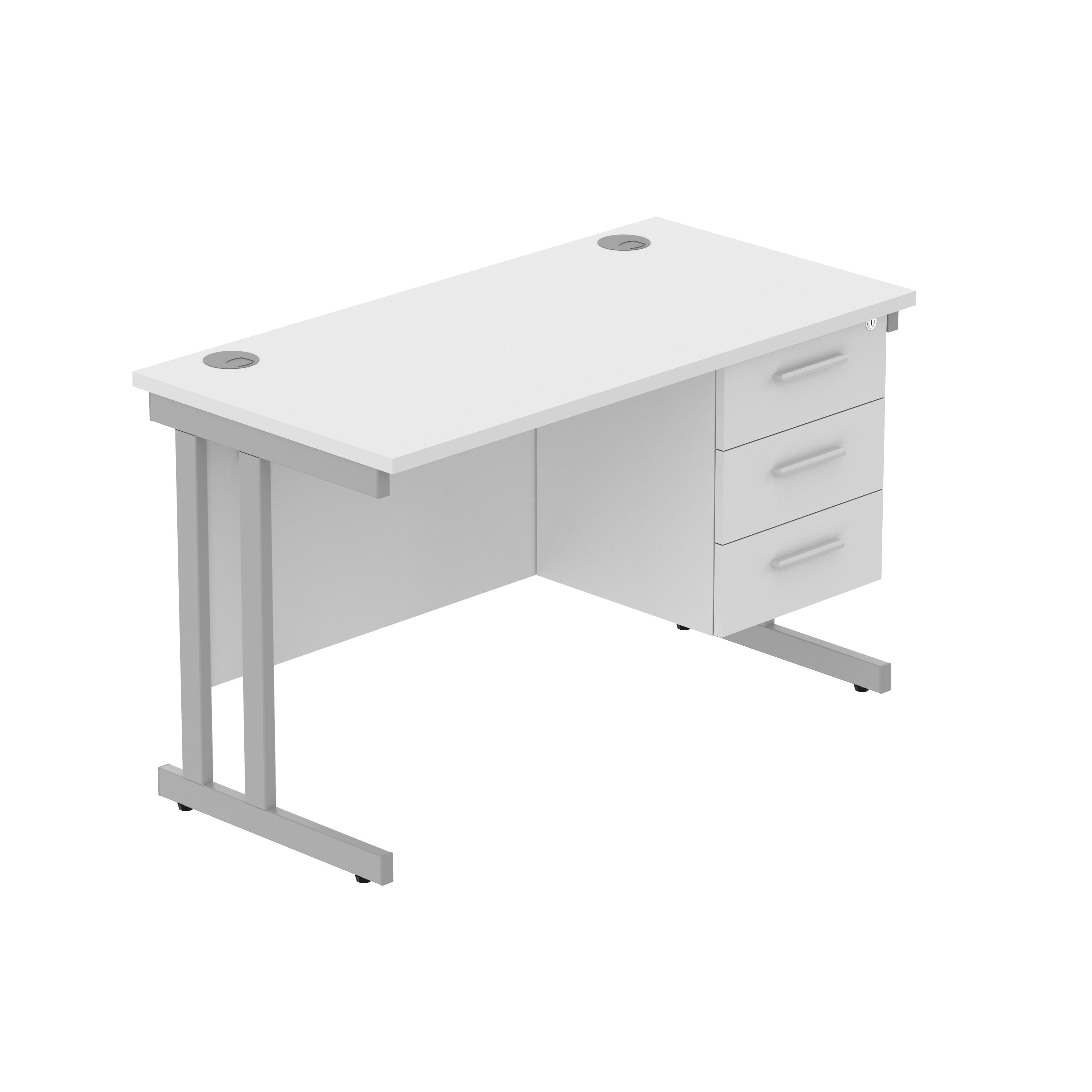 Office Rectangular Desk with Steel Double Upright Cantilever Legs + 3 Drawer Fixed Pedestal (FSC) | 1200X600 | Arctic White/Silver
