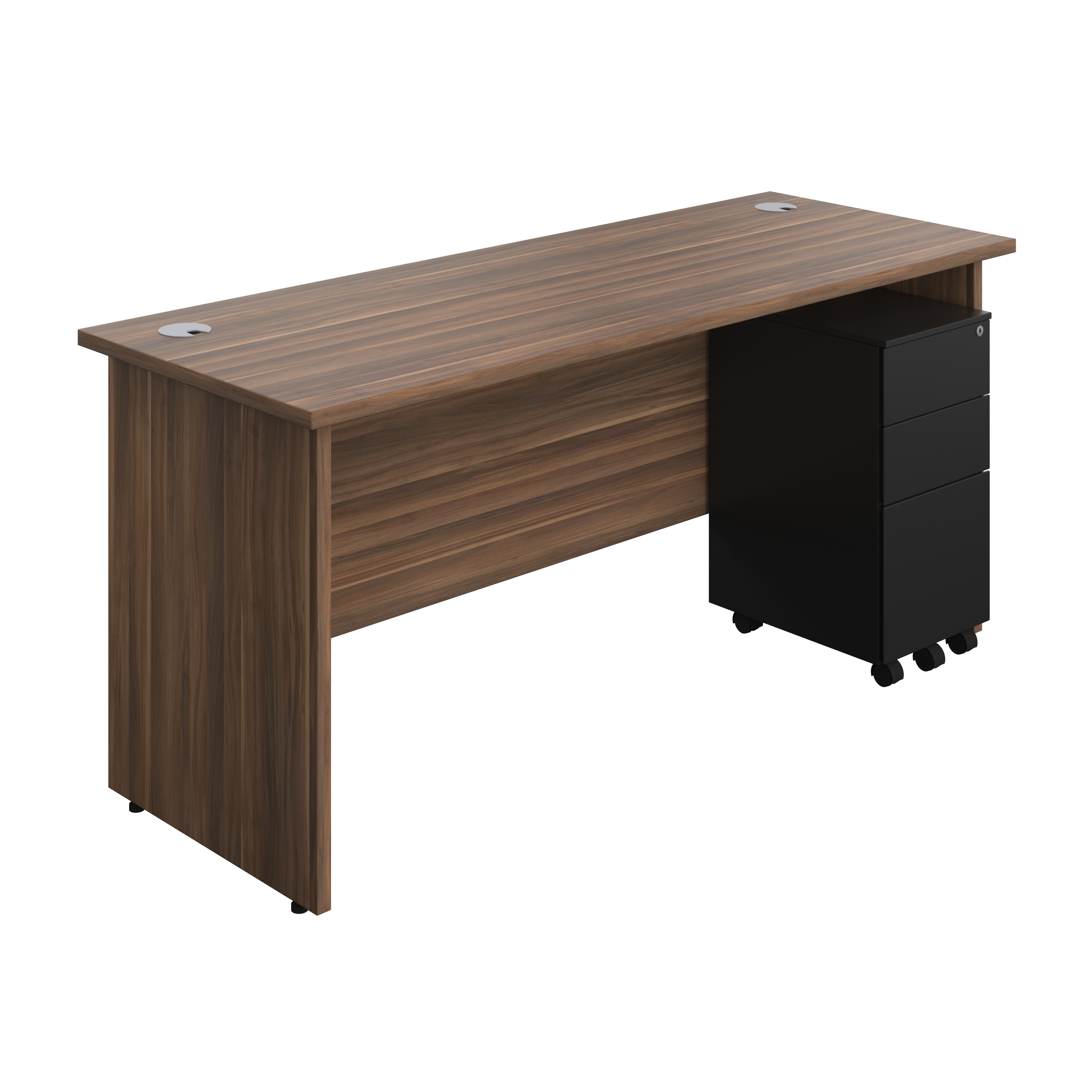 Panel Rectangular Desk + 3 Drawer Slimline Steel Pedestal Bundle (FSC) | 1600X600 | Dark Walnut/Black