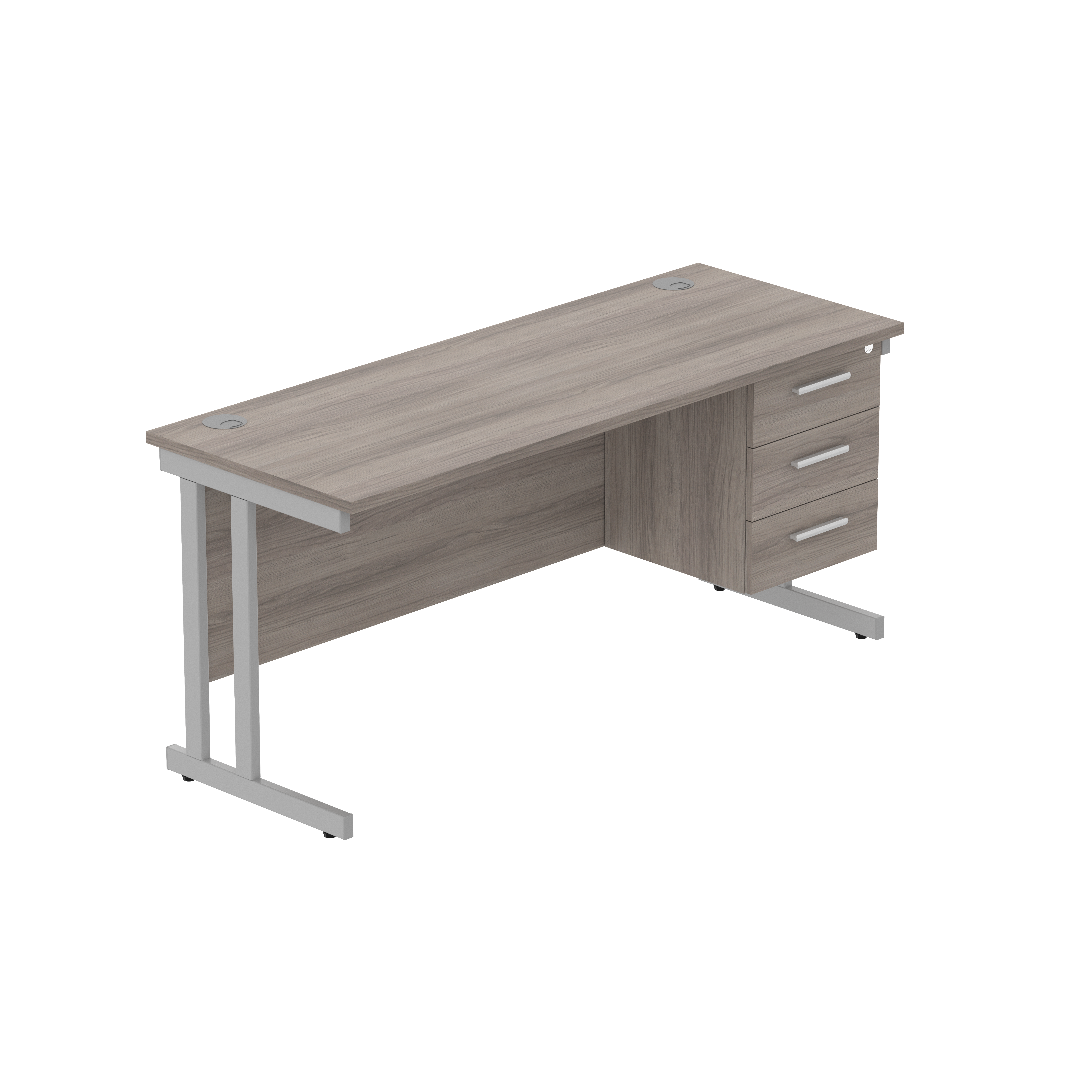 Office Rectangular Desk with Steel Double Upright Cantilever Legs + 3 Drawer Fixed Pedestal (FSC) | 1600X600 | Alaskan Grey Oak/Silver
