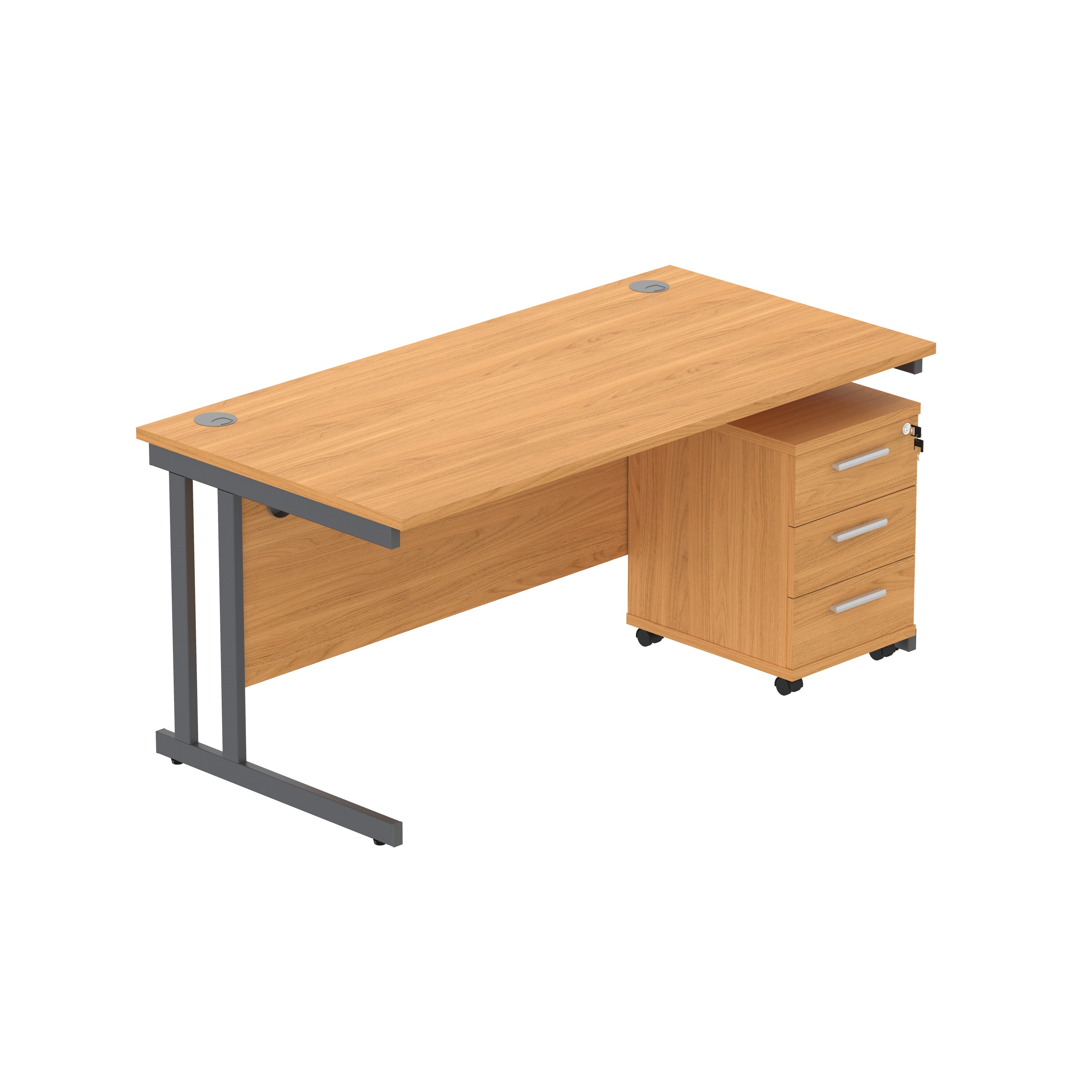 Double Upright Rectangular Desk + 3 Drawer Mobile Under Desk Pedestal (FSC) | 1600X800 | Norwegian Beech/Graphite