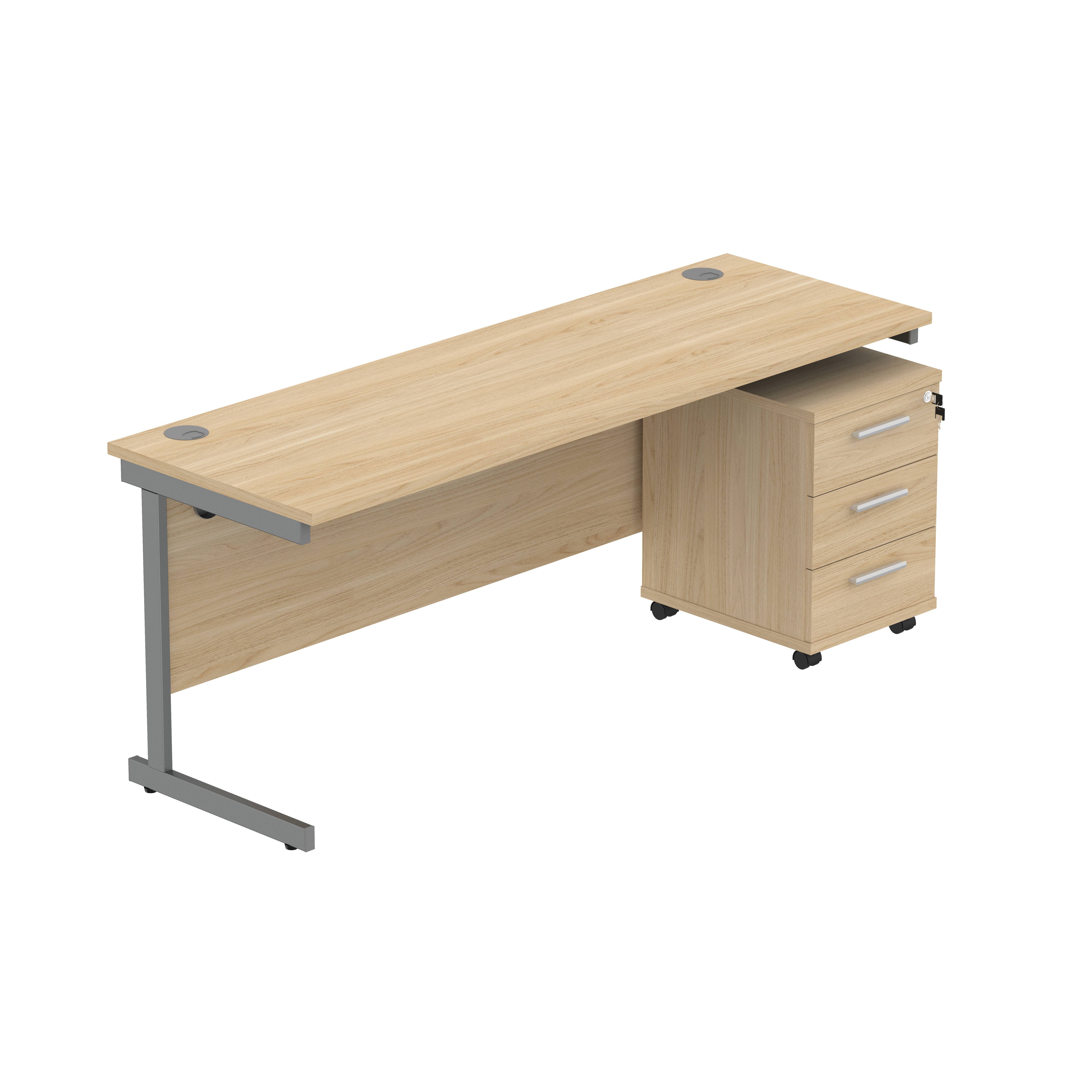 Single Upright Rectangular Desk + 3 Drawer Mobile Under Desk Pedestal (FSC) | 1800 X 600 | Canadian Oak/Graphite