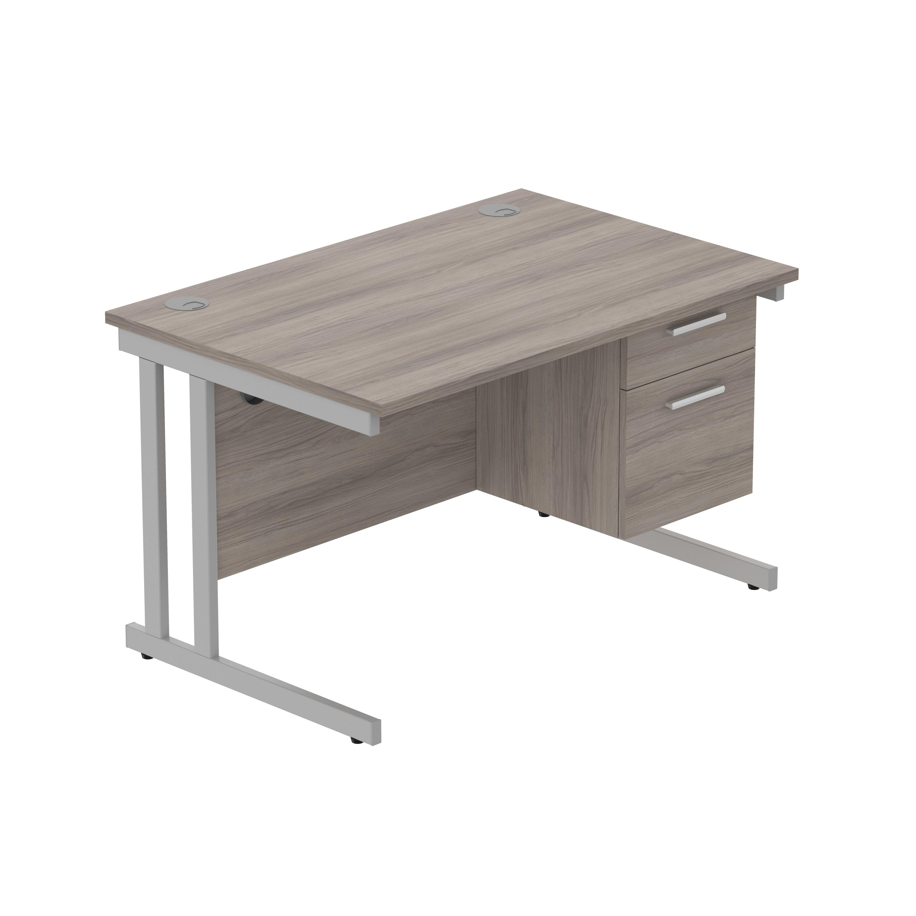 Office Rectangular Desk with Steel Double Upright Cantilever Legs + 2 Drawer Fixed Pedestal (FSC) | 1200X800 | Alaskan Grey Oak/Silver