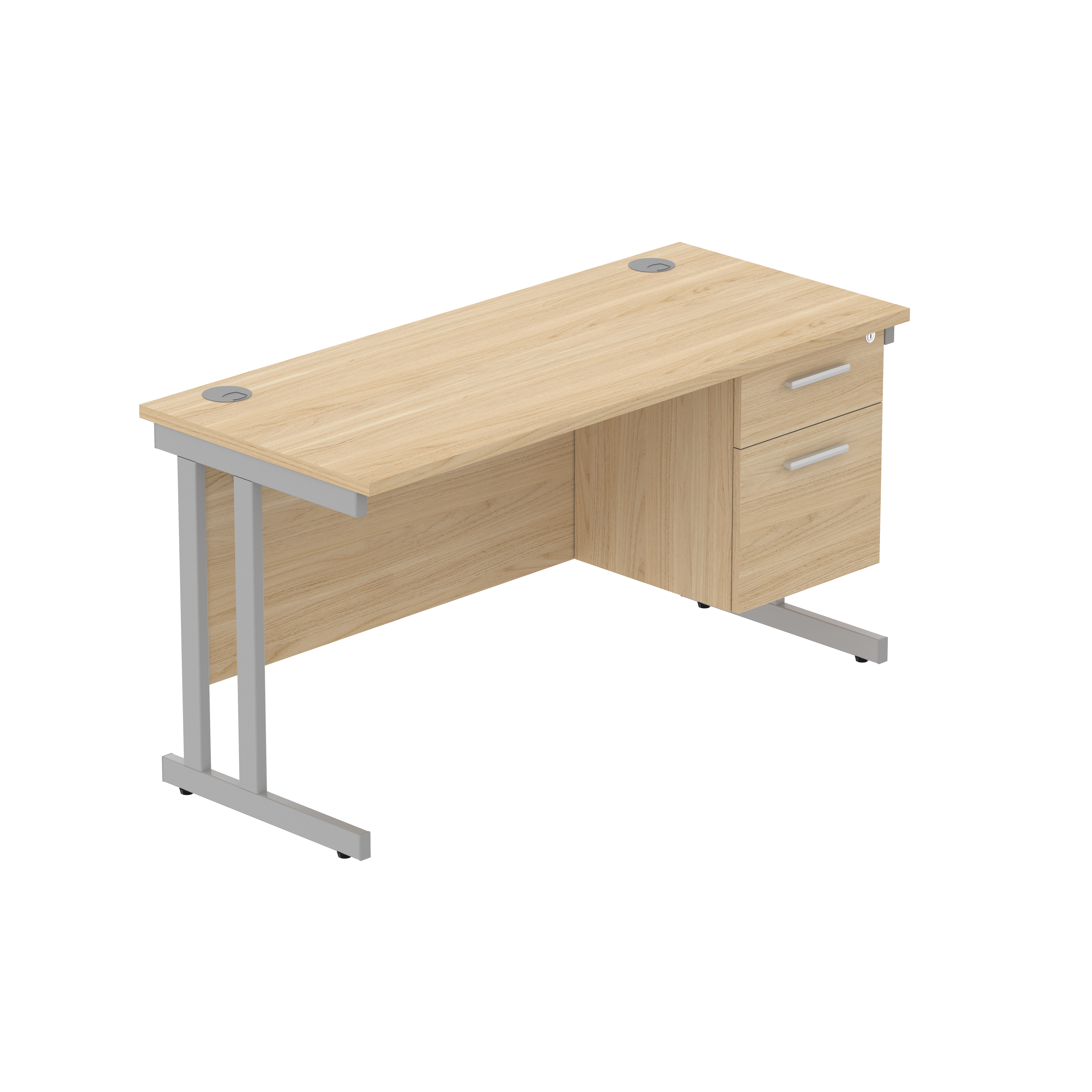 Office Rectangular Desk with Steel Double Upright Cantilever Legs + 2 Drawer Fixed Pedestal (FSC) | 1400X600 | Canadian Oak/Silver