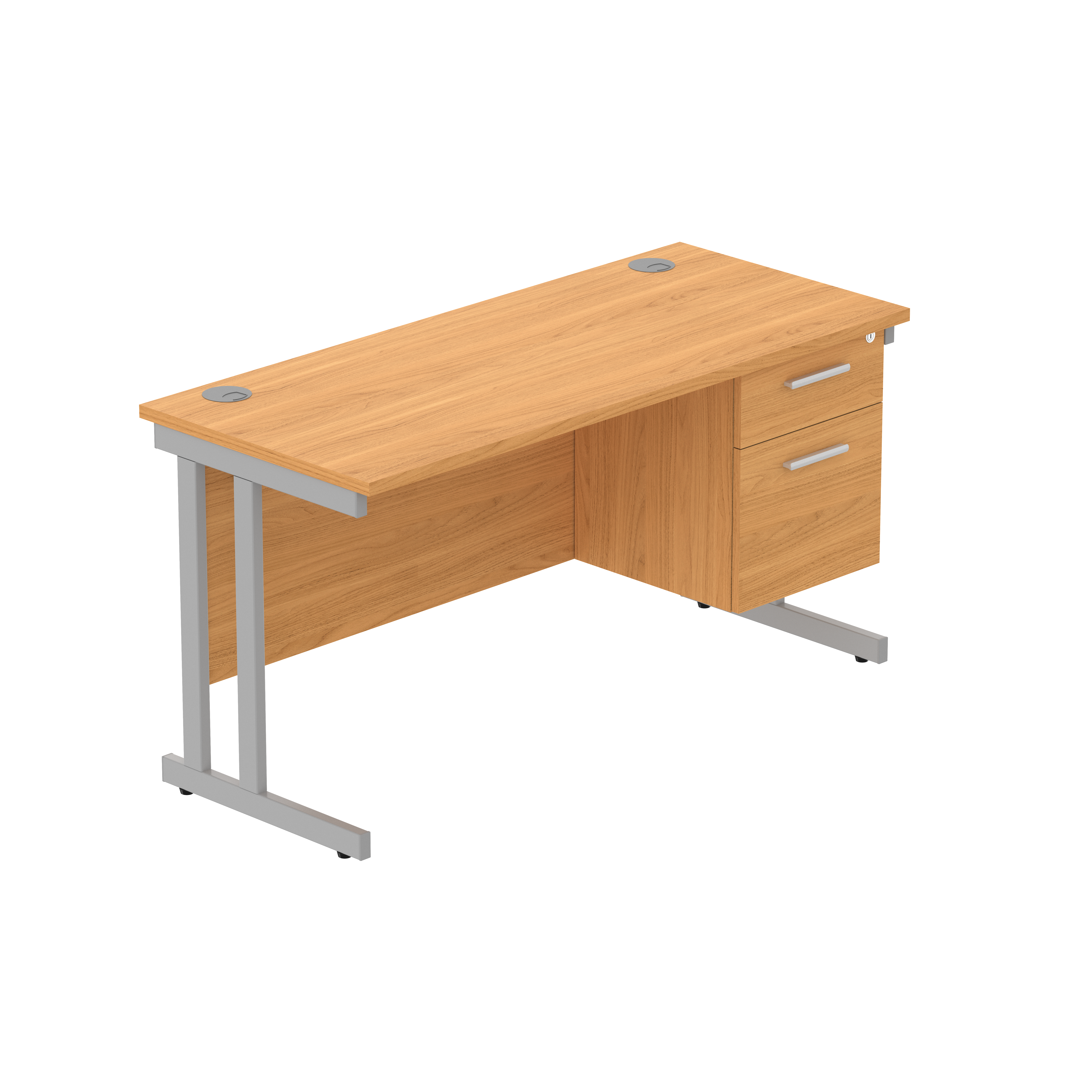 Office Rectangular Desk with Steel Double Upright Cantilever Legs + 2 Drawer Fixed Pedestal (FSC) | 1400X600 | Norwegian Beech/Silver