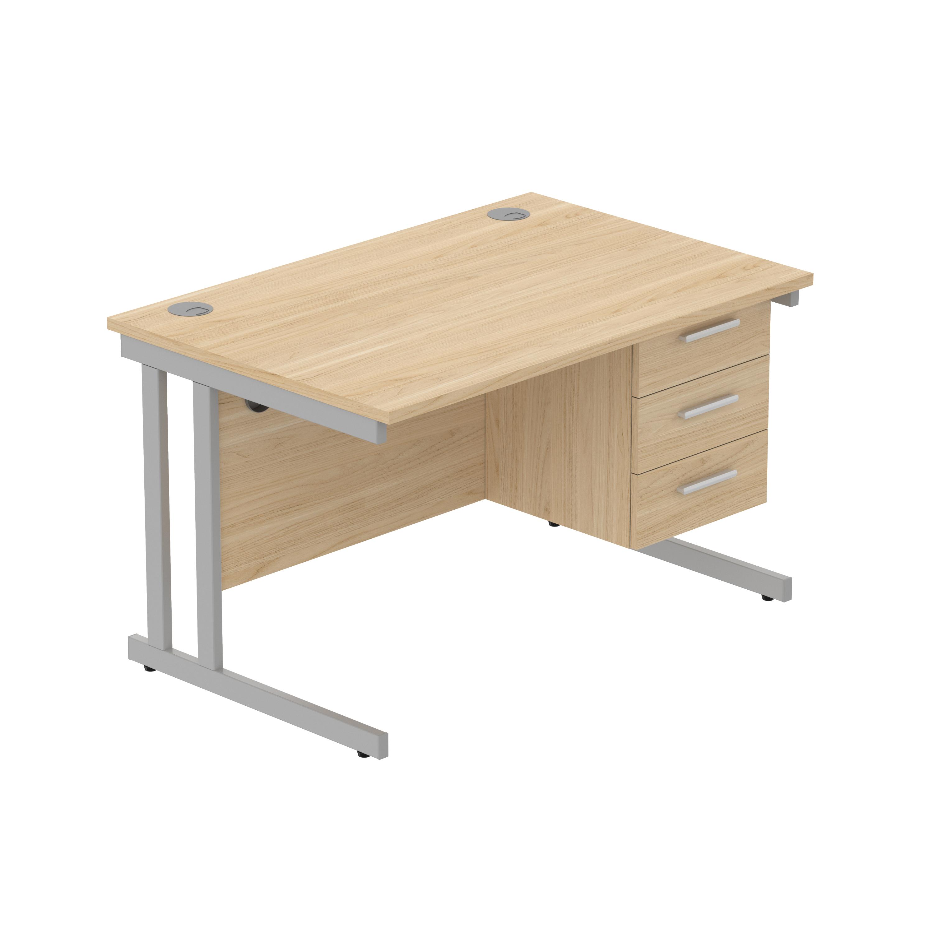 Office Rectangular Desk with Steel Double Upright Cantilever Legs + 3 Drawer Fixed Pedestal (FSC) | 1200X800 | Canadian Oak/Silver