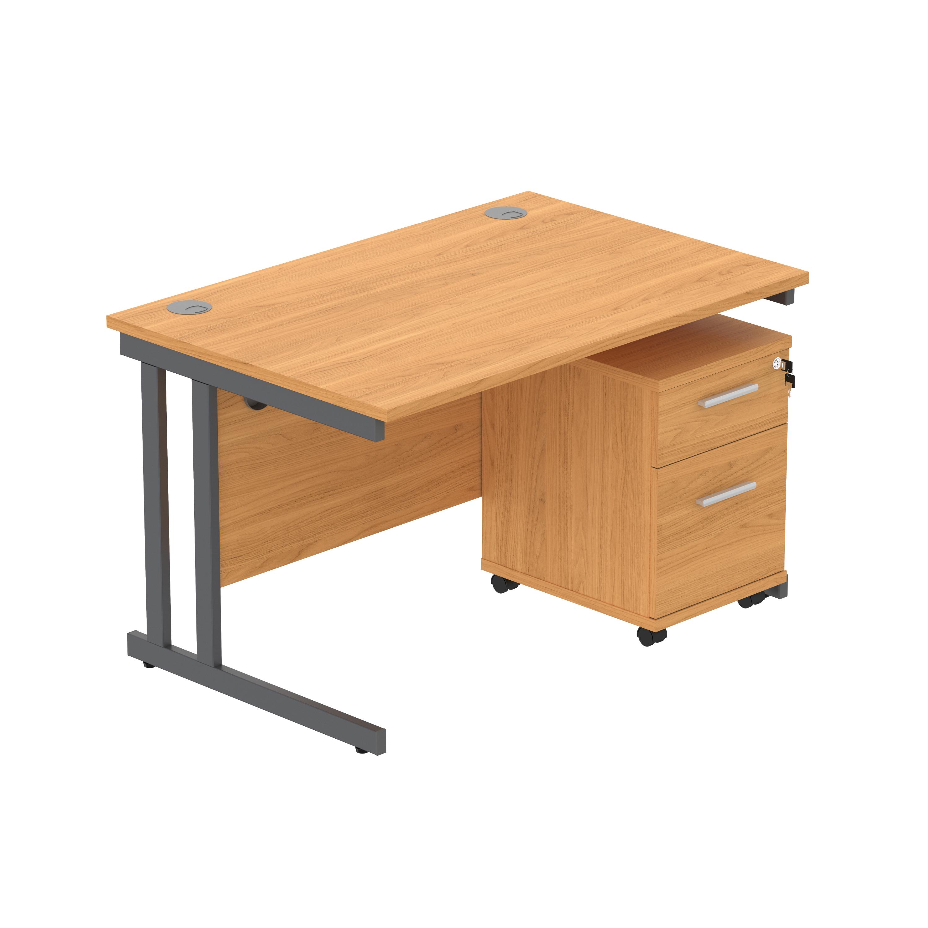 Double Upright Rectangular Desk + 2 Drawer Mobile Under Desk Pedestal (FSC) | 1200X800 | Norwegian Beech/Graphite