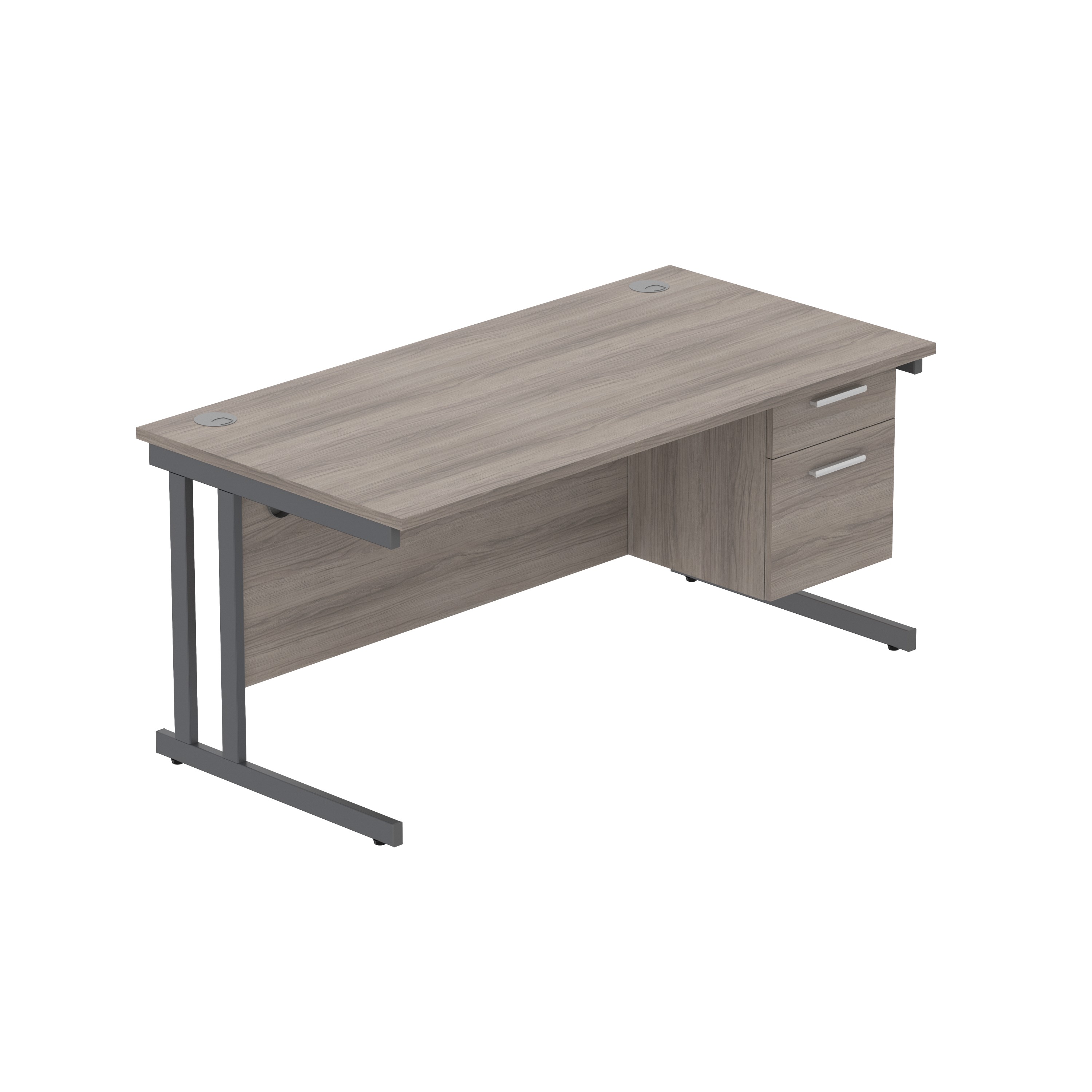 Office Rectangular Desk with Steel Double Upright Cantilever Legs + 2 Drawer Fixed Pedestal (FSC) | 1600X800 | Alaskan Grey Oak/Graphite