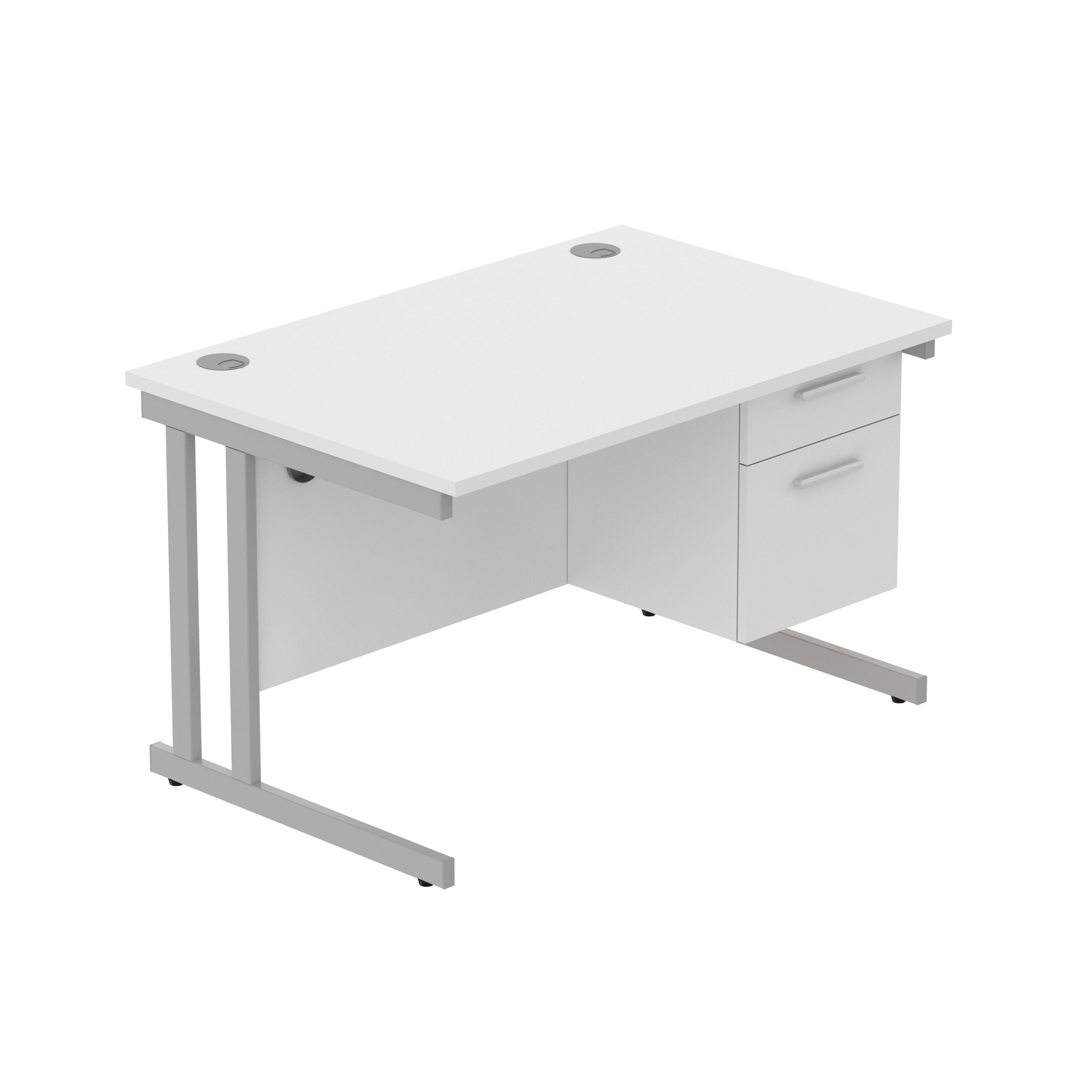 Office Rectangular Desk with Steel Double Upright Cantilever Legs + 2 Drawer Fixed Pedestal (FSC) | 1200X800 | Arctic White/Silver