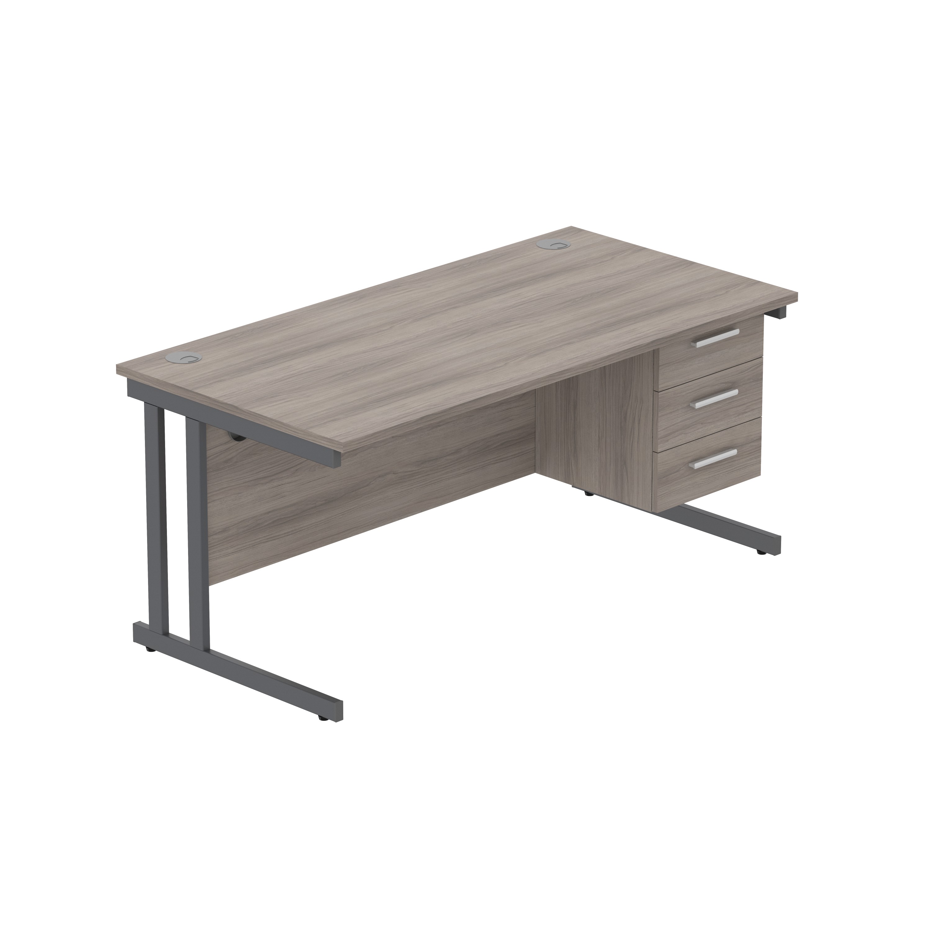 Office Rectangular Desk with Steel Double Upright Cantilever Legs + 3 Drawer Fixed Pedestal (FSC) | 1600X800 | Alaskan Grey Oak/Graphite