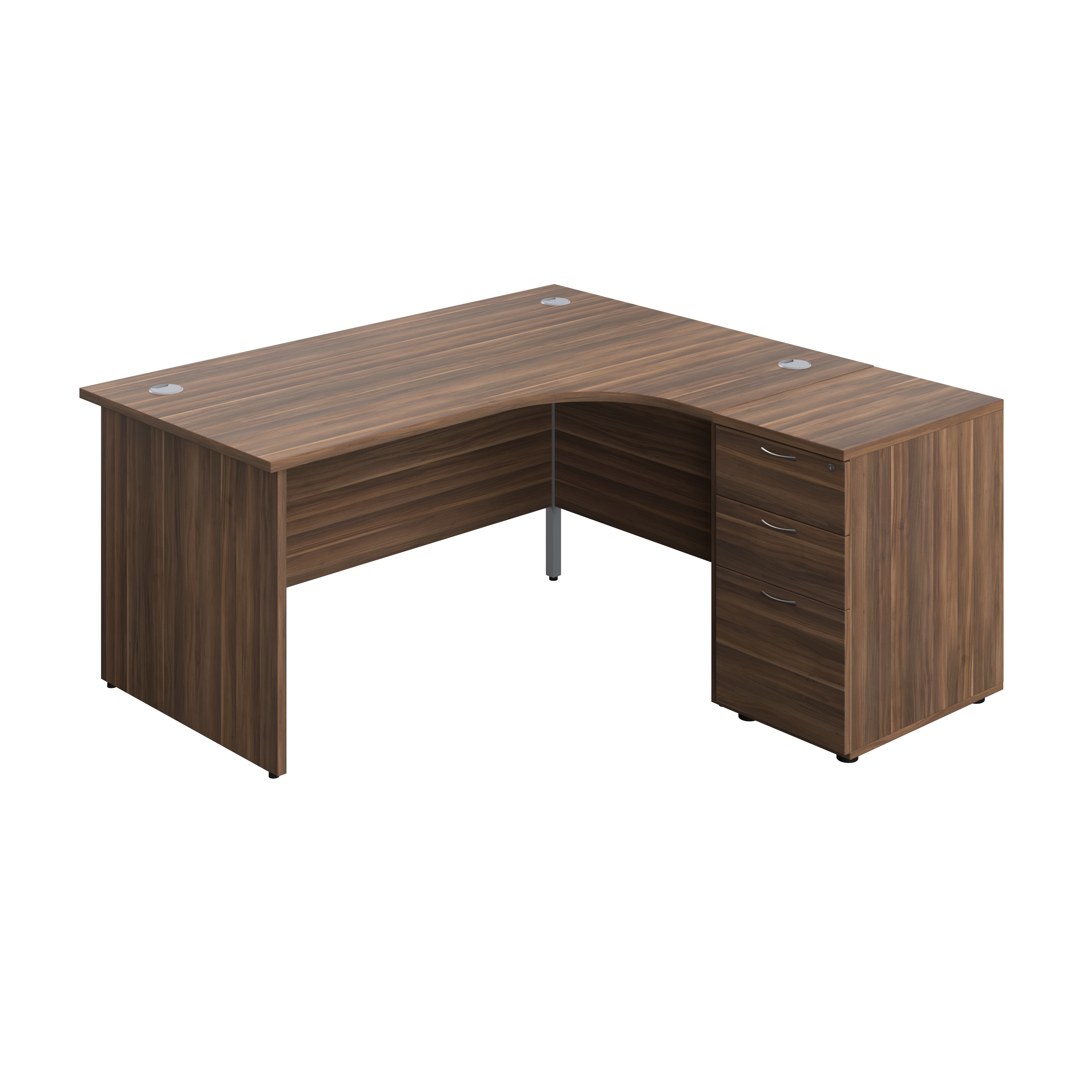 Panel Right Hand Radial Desk + 3 Drawer Desk High Pedestal Bundle (FSC) | 600 Deep Pedestal | 1600X1200 | Dark Walnut/Dark Walnut