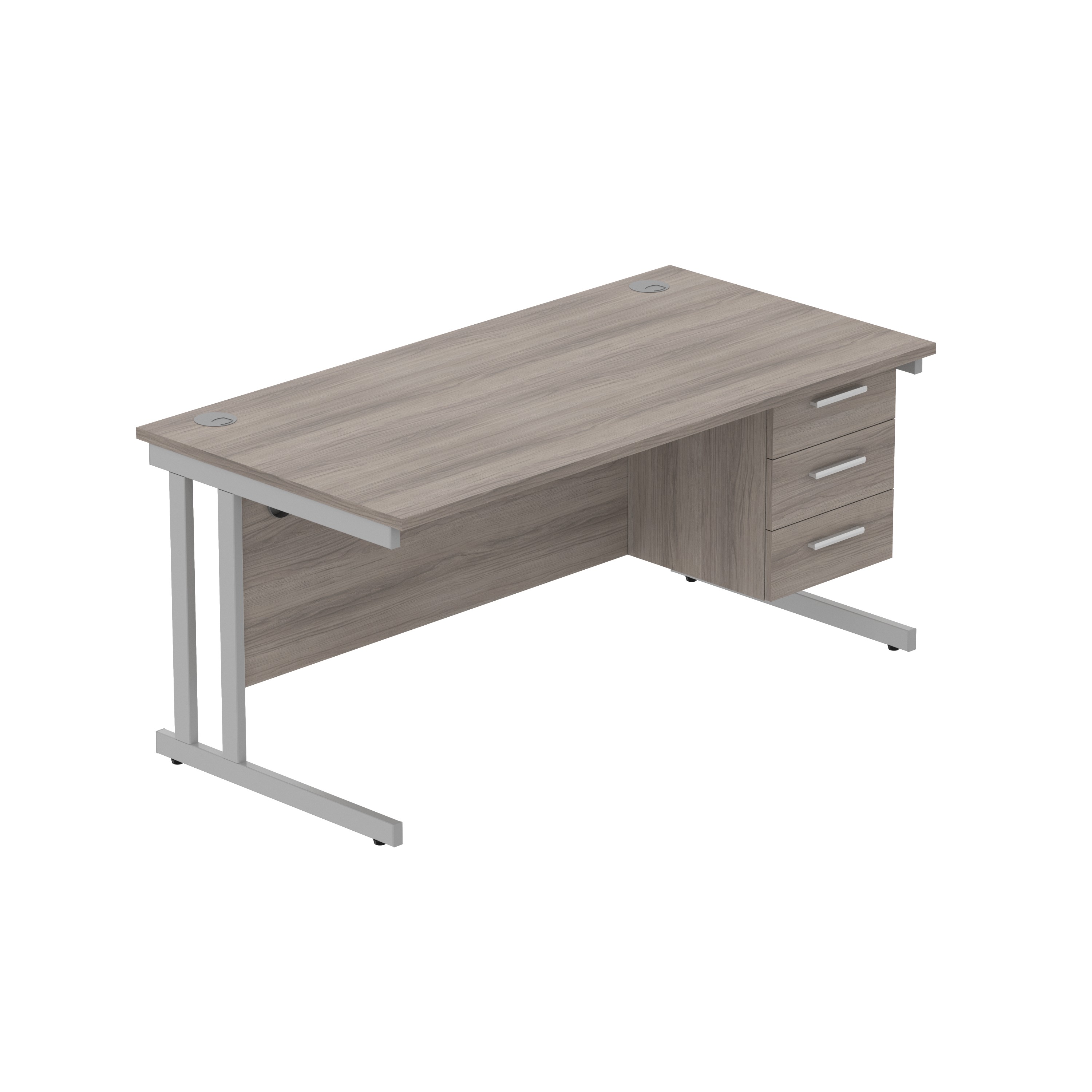 Office Rectangular Desk with Steel Double Upright Cantilever Legs + 3 Drawer Fixed Pedestal (FSC) | 1600X800 | Alaskan Grey Oak/Silver