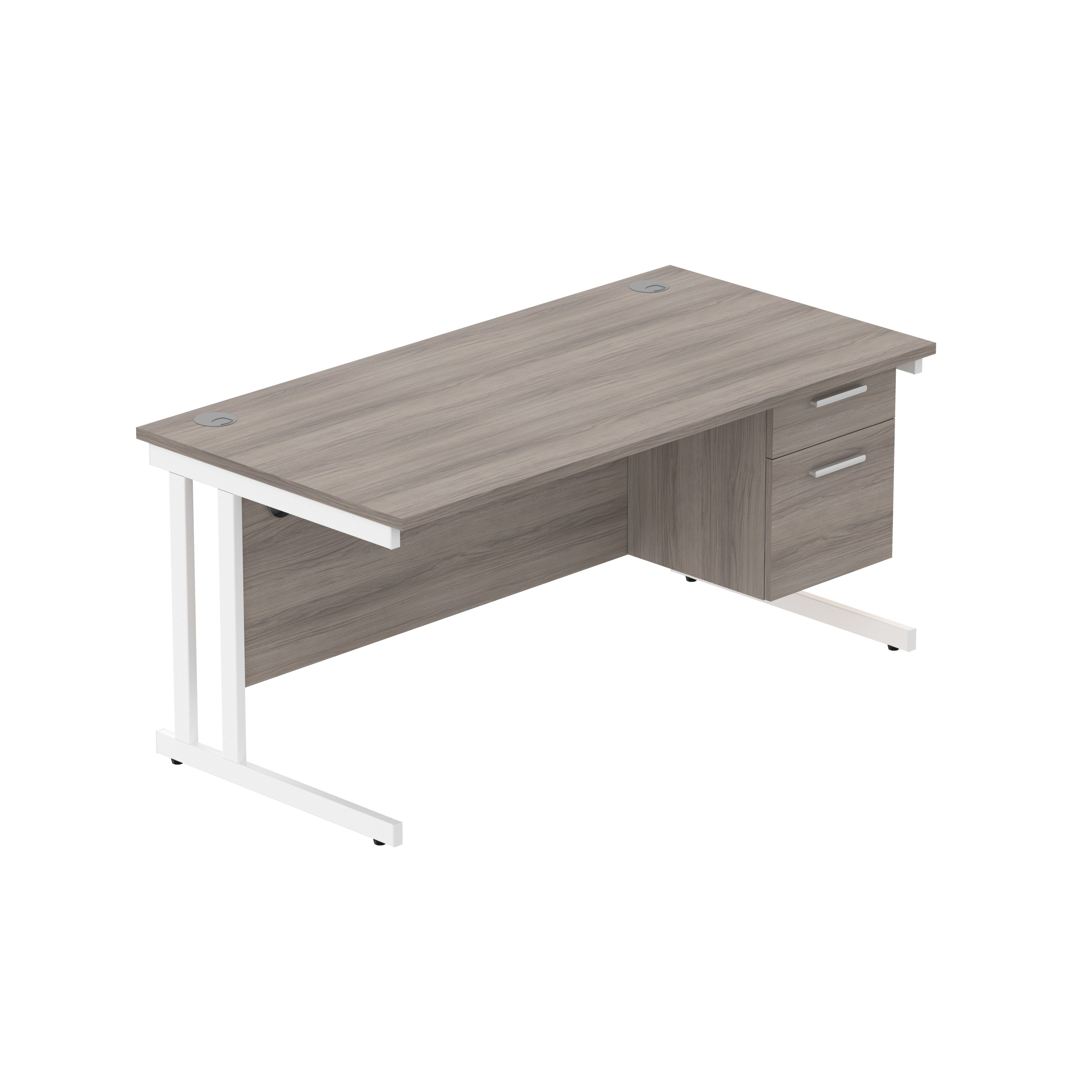Office Rectangular Desk with Steel Double Upright Cantilever Legs + 2 Drawer Fixed Pedestal (FSC) | 1600X800 | Alaskan Grey Oak/White