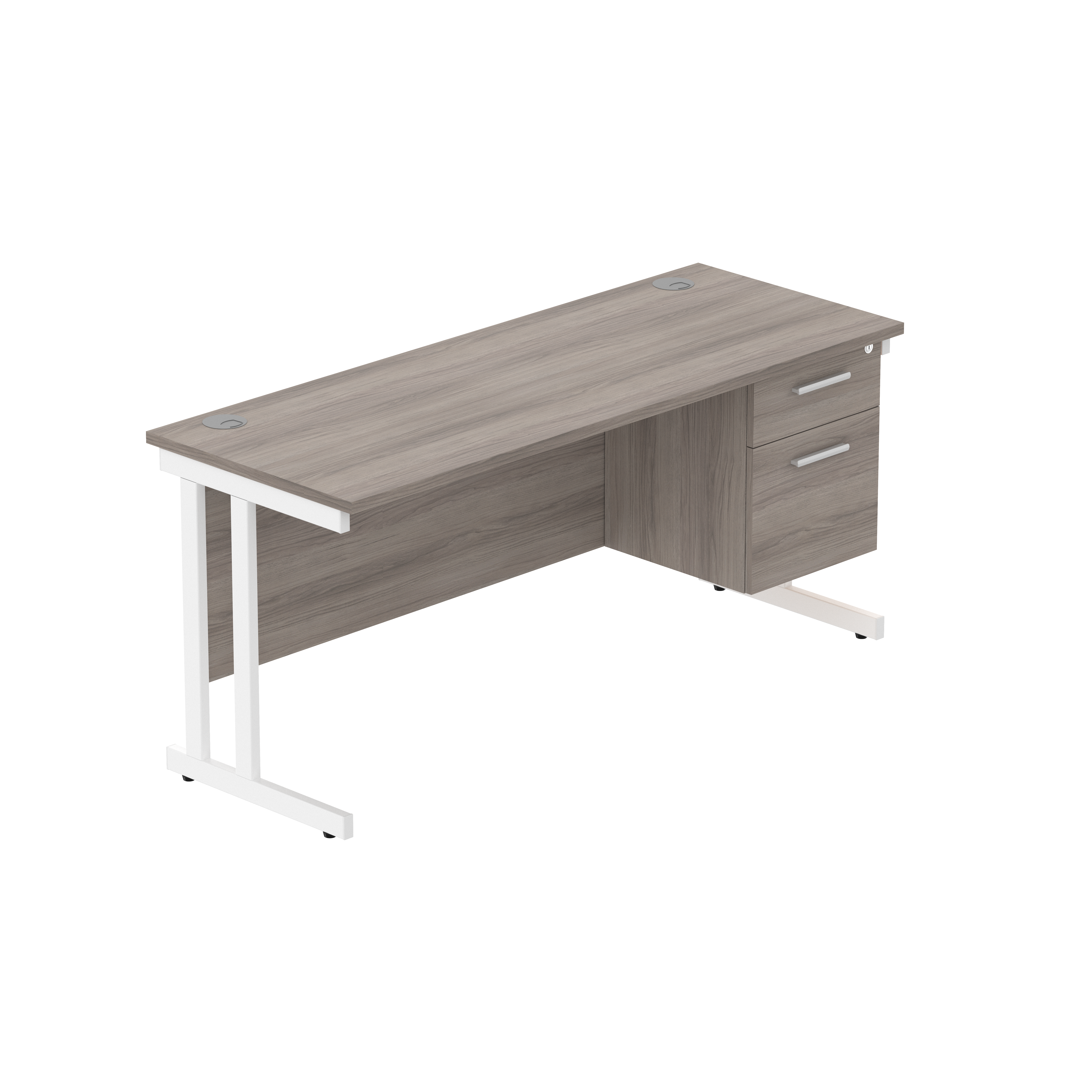 Office Rectangular Desk with Steel Double Upright Cantilever Legs + 2 Drawer Fixed Pedestal (FSC) | 1600X600 | Alaskan Grey Oak/White