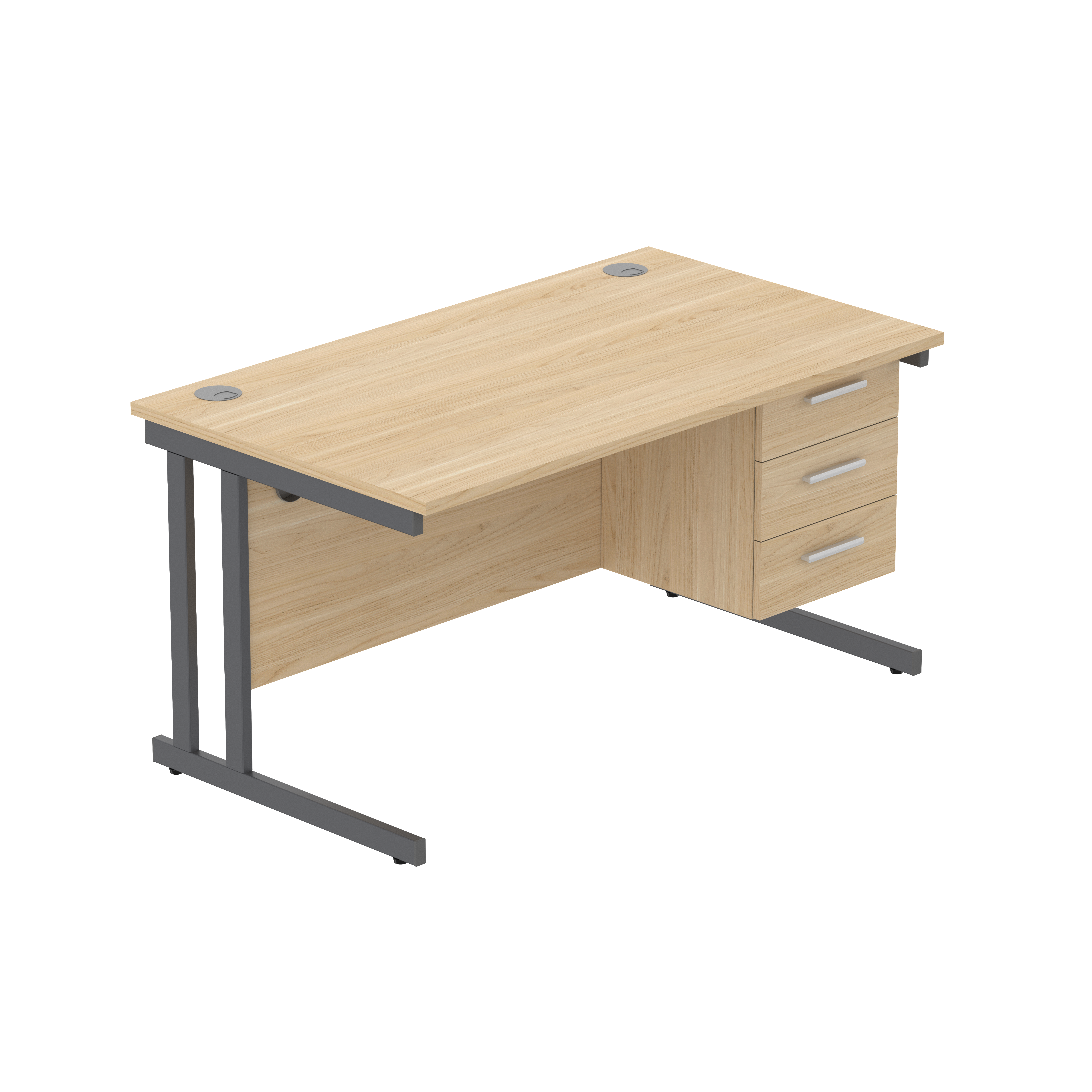 Office Rectangular Desk with Steel Double Upright Cantilever Legs + 3 Drawer Fixed Pedestal (FSC) | 1400X800 | Canadian Oak/Graphite thumbnail 2