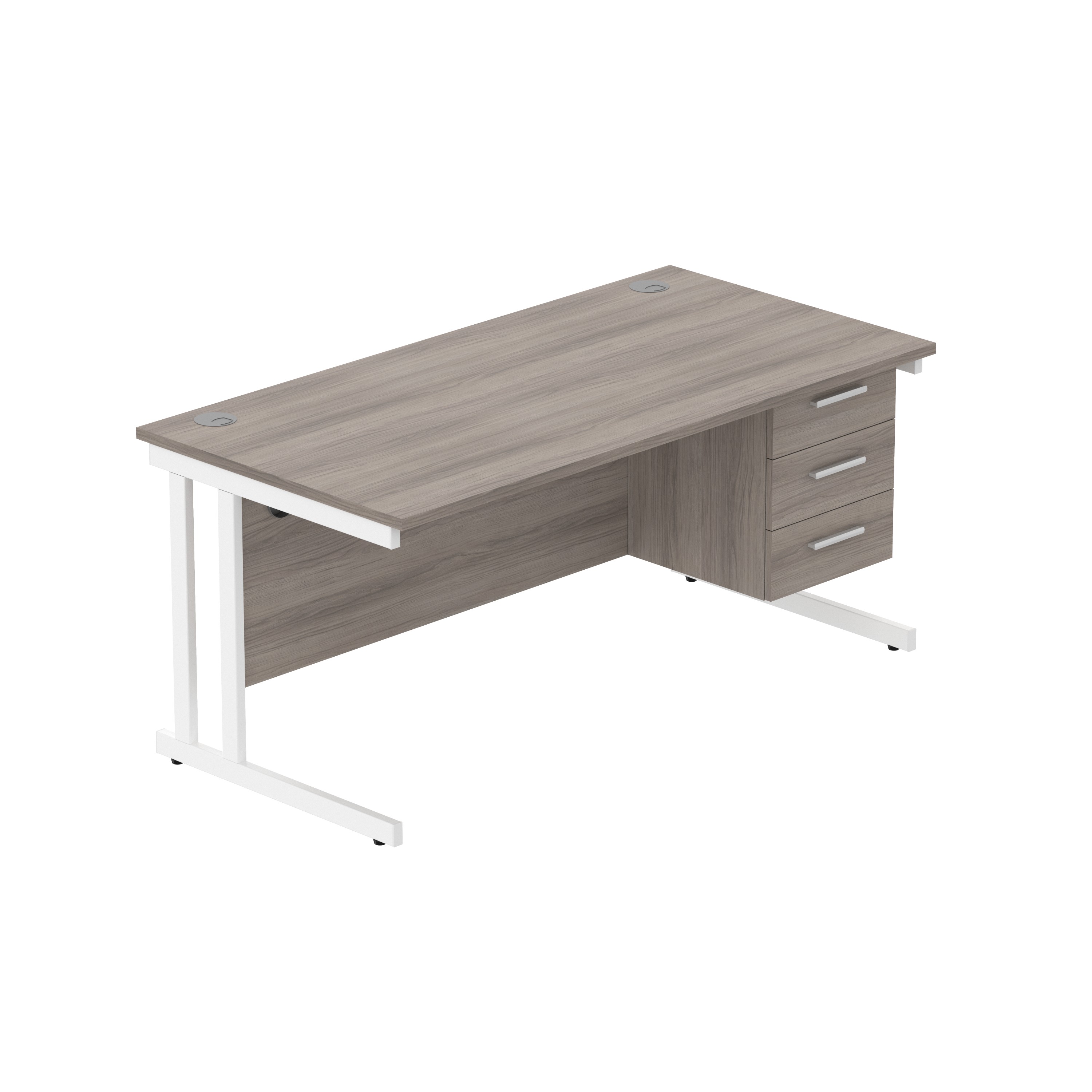 Office Rectangular Desk with Steel Double Upright Cantilever Legs + 3 Drawer Fixed Pedestal (FSC) | 1600X800 | Alaskan Grey Oak/White