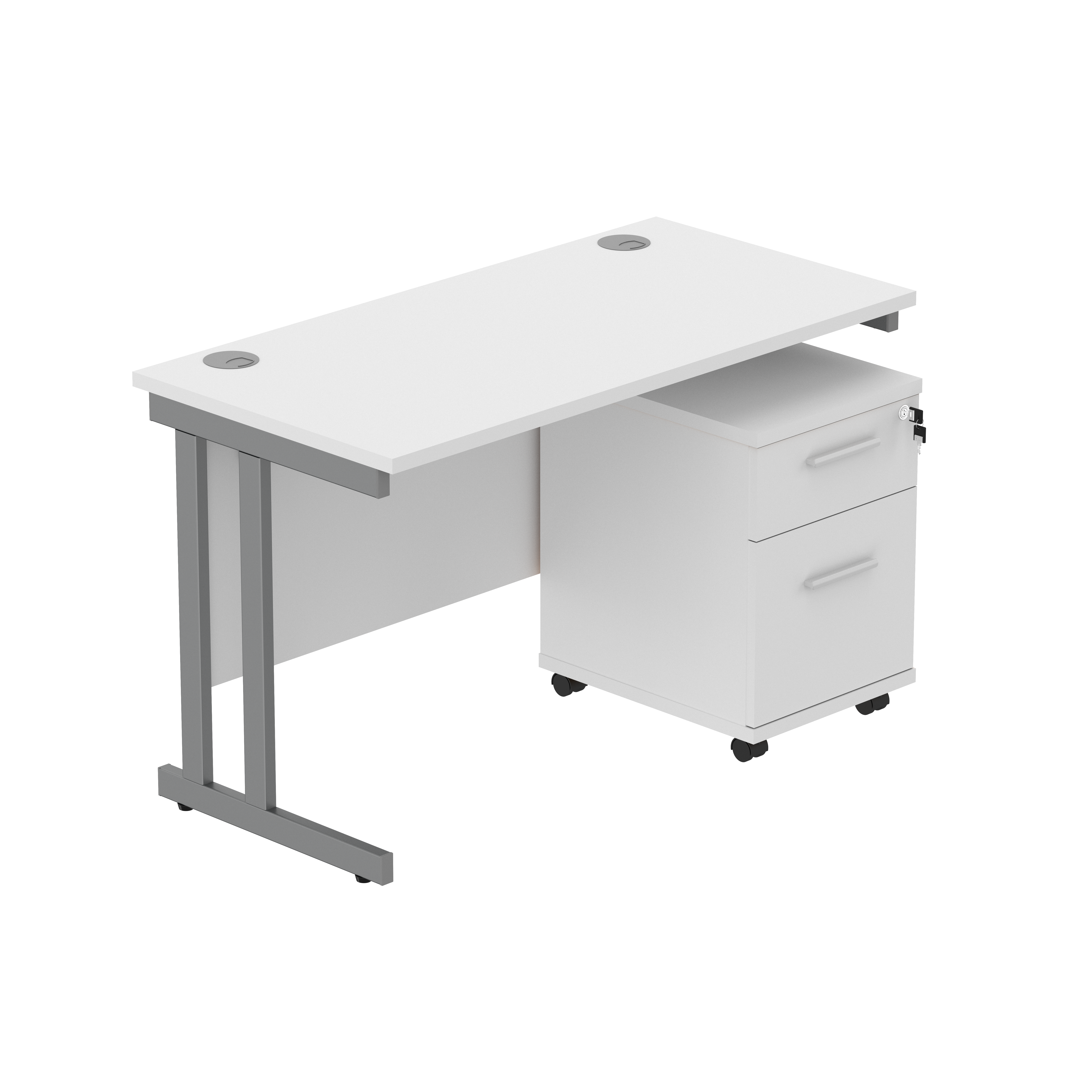 Double Upright Rectangular Desk + 2 Drawer Mobile Under Desk Pedestal (FSC) | 1200X600 | Arctic White/Graphite