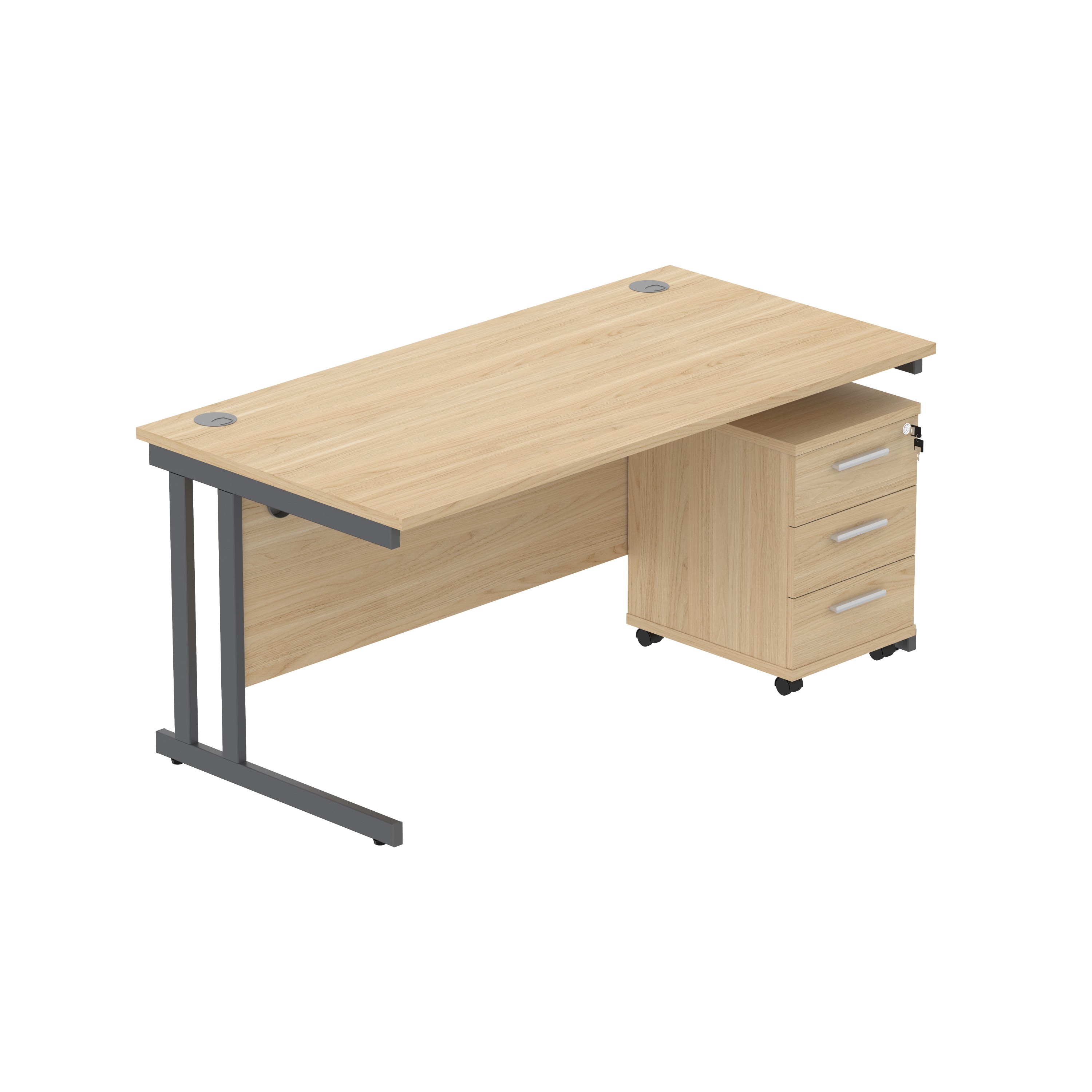 Double Upright Rectangular Desk + 3 Drawer Mobile Under Desk Pedestal (FSC) | 1600X800 | Canadian Oak/Graphite
