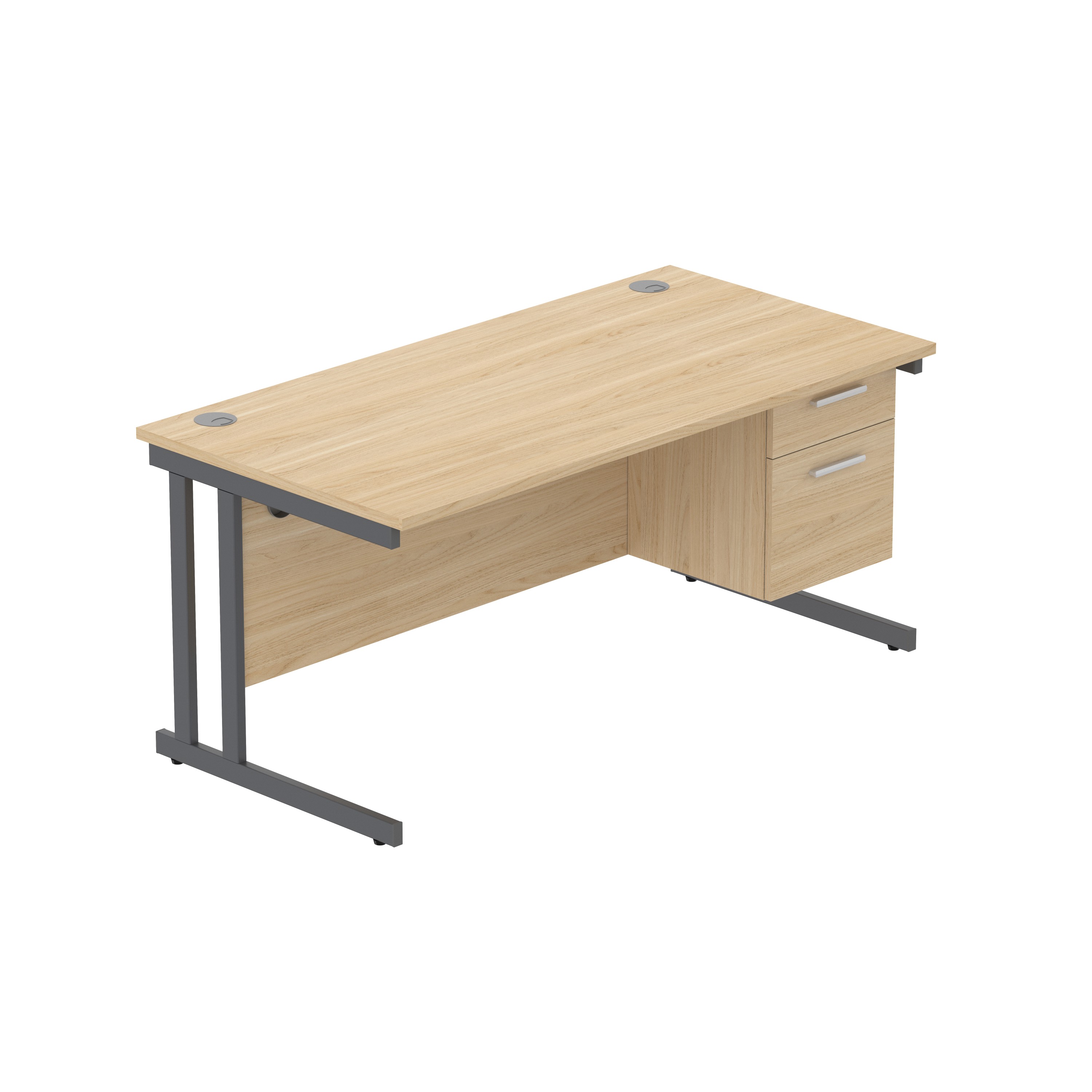 Office Rectangular Desk with Steel Double Upright Cantilever Legs + 2 Drawer Fixed Pedestal (FSC) | 1600X800 | Canadian Oak/Graphite