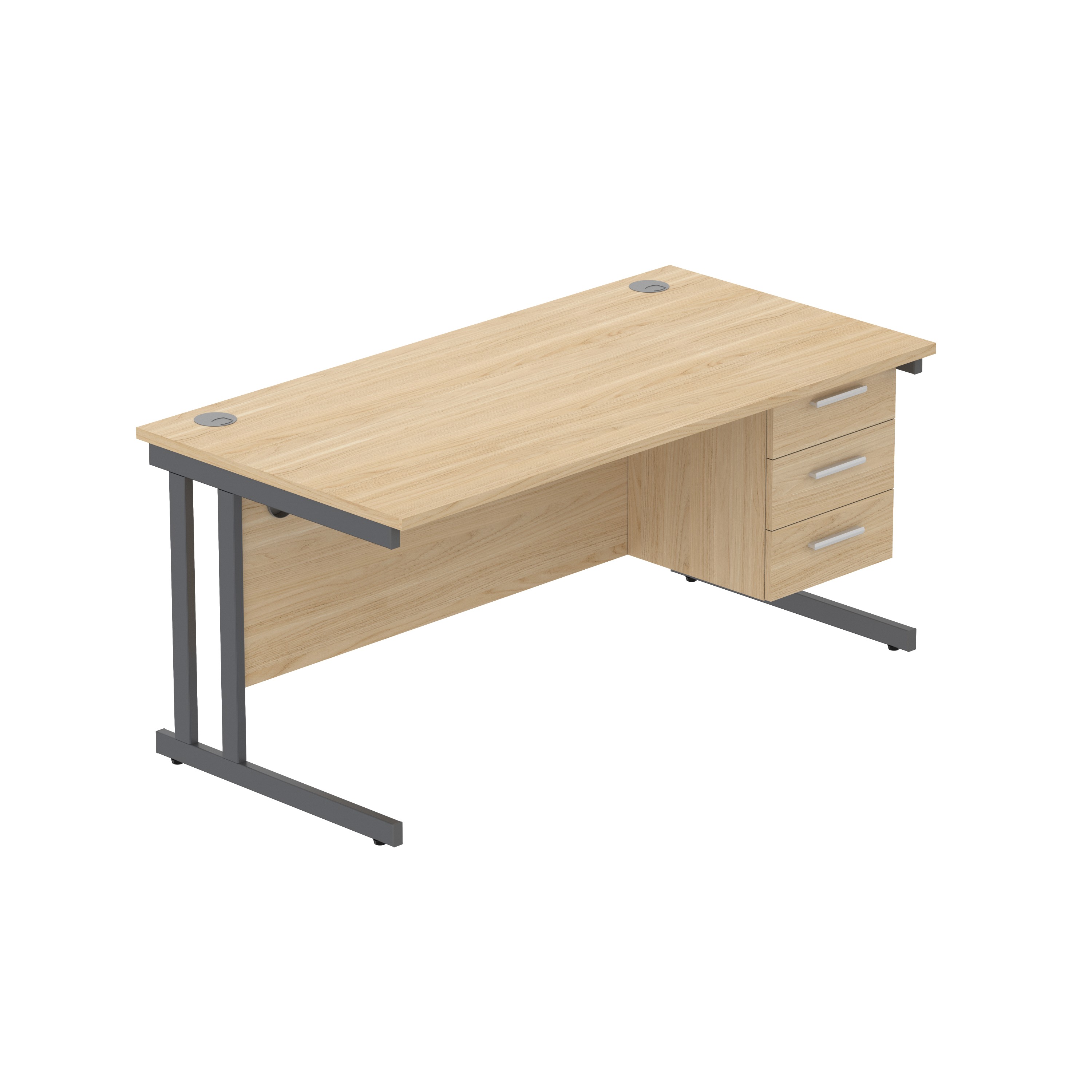 Office Rectangular Desk with Steel Double Upright Cantilever Legs + 3 Drawer Fixed Pedestal (FSC) | 1600X800 | Canadian Oak/Graphite