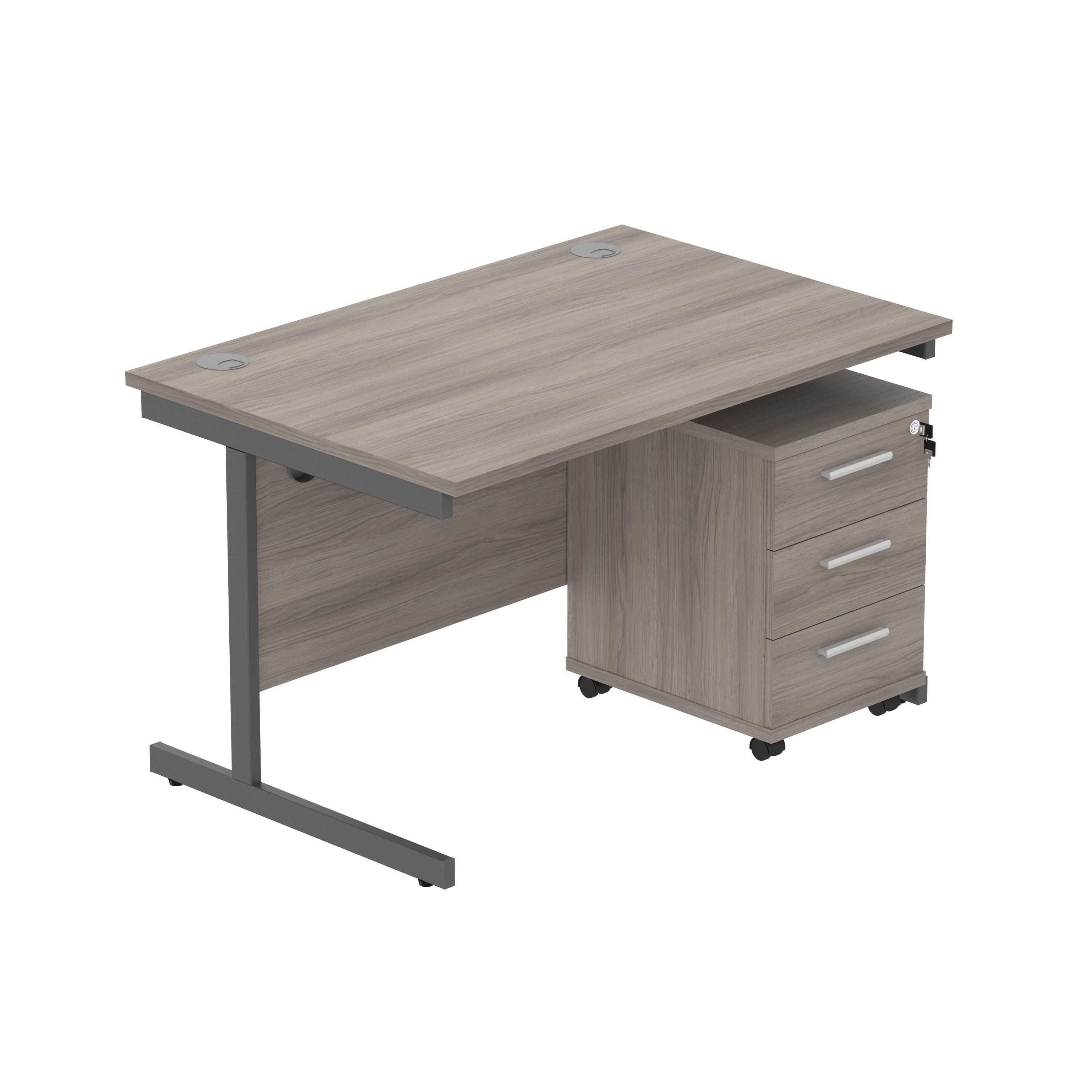 Single Upright Rectangular Desk + 3 Drawer Mobile Under Desk Pedestal (FSC) | 1200 X 800 | Alaskan Grey Oak/Graphite