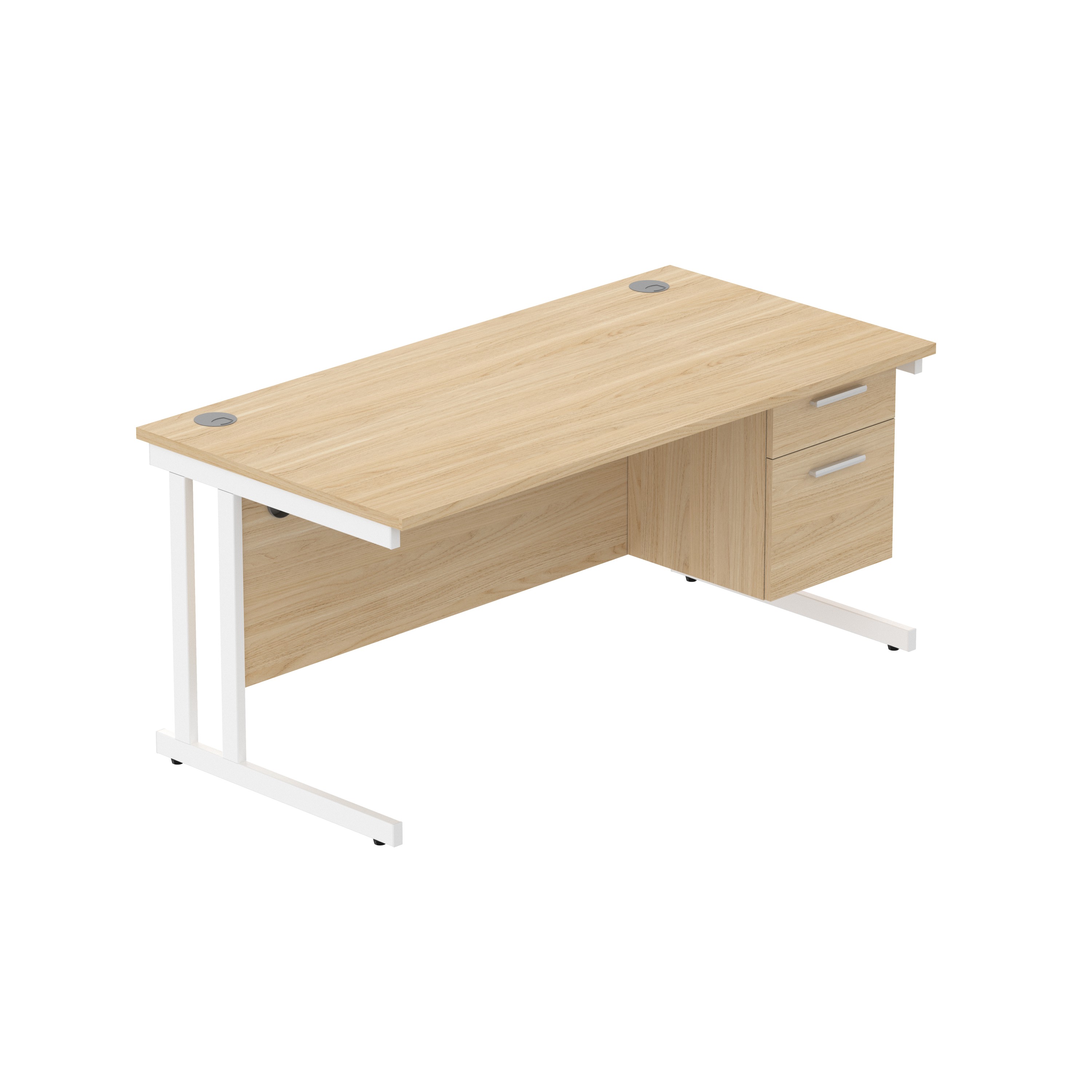 Office Rectangular Desk with Steel Double Upright Cantilever Legs + 2 Drawer Fixed Pedestal (FSC) | 1600X800 | Canadian Oak/White
