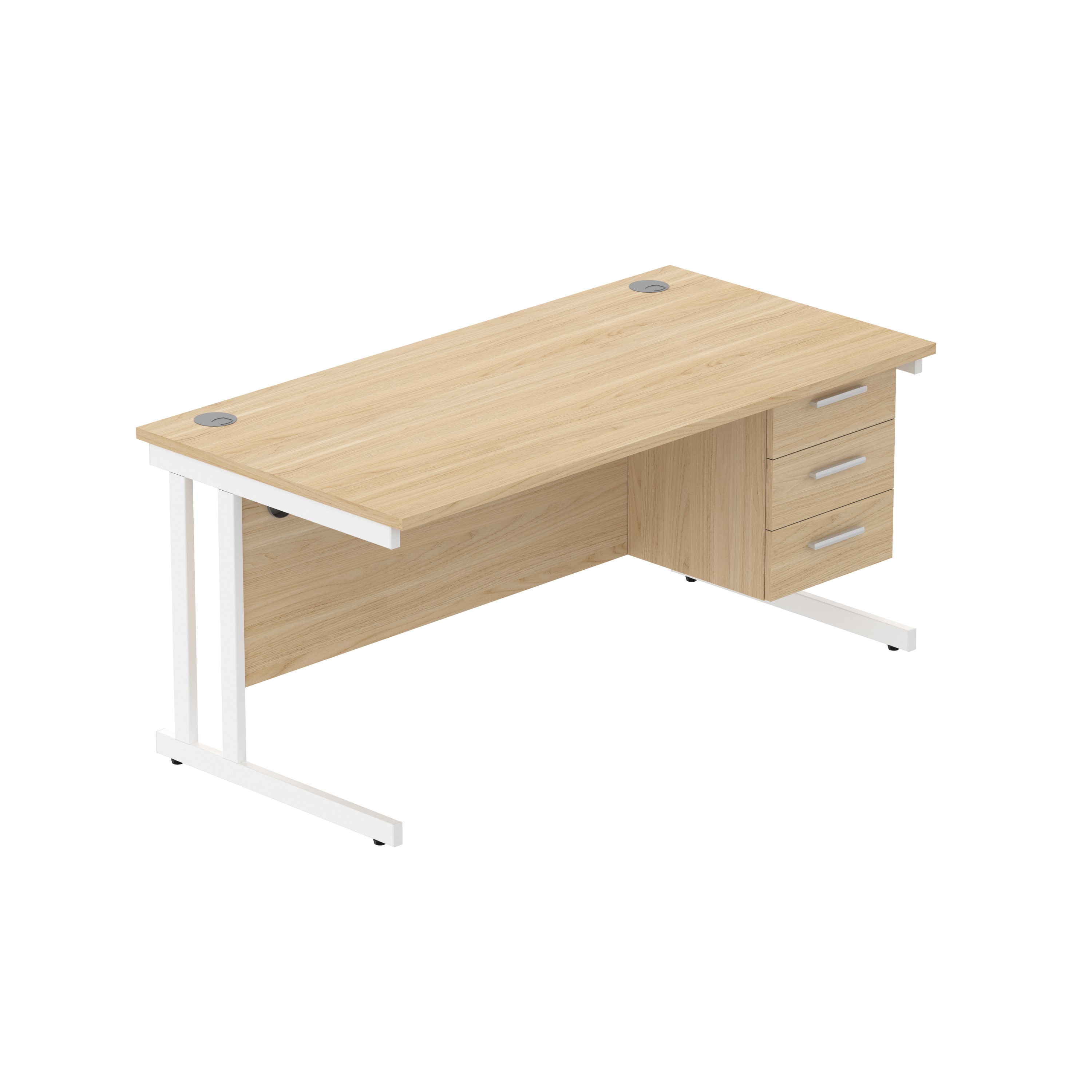 Office Rectangular Desk with Steel Double Upright Cantilever Legs + 3 Drawer Fixed Pedestal (FSC) | 1600X800 | Canadian Oak/White