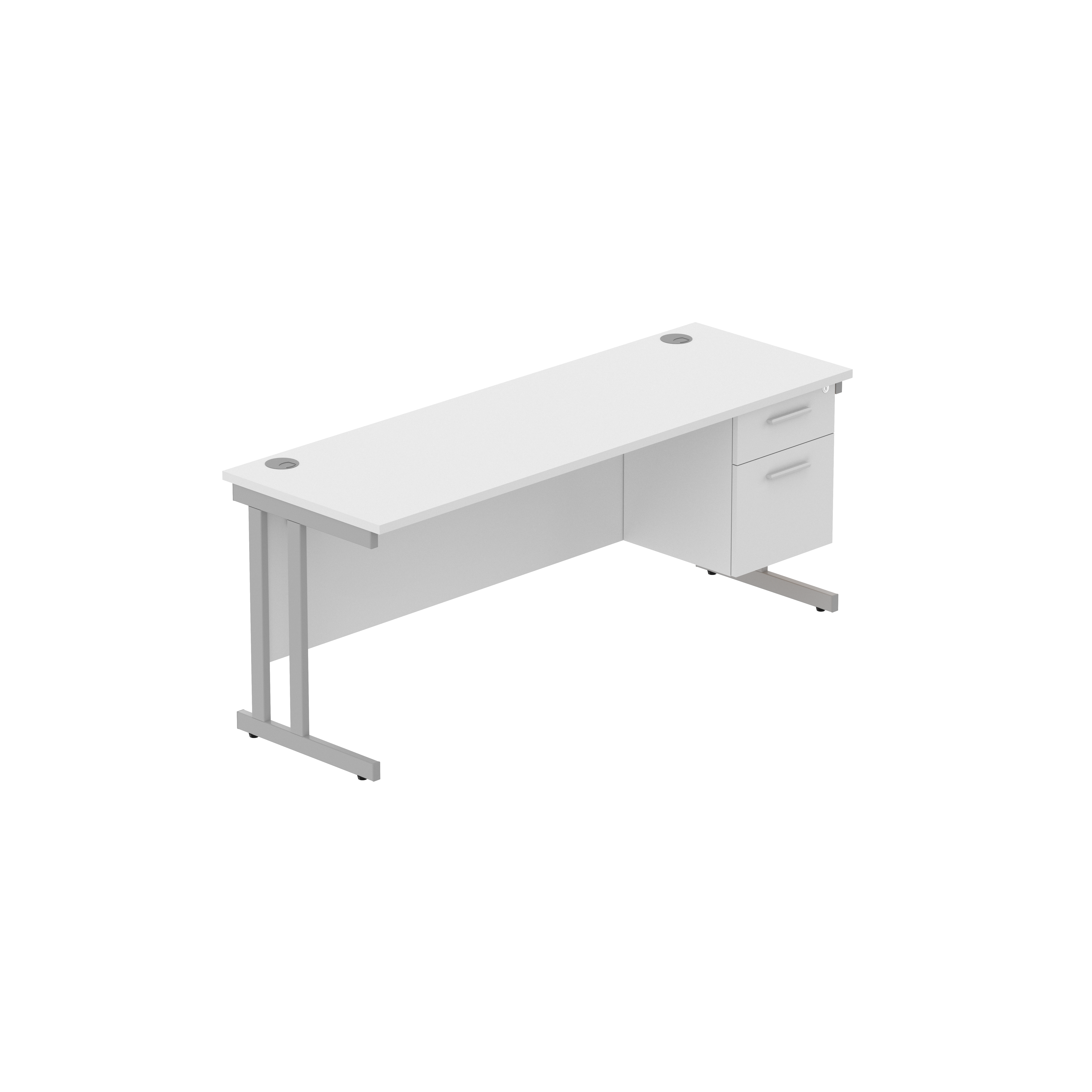 Office Rectangular Desk with Steel Double Upright Cantilever Legs + 2 Drawer Fixed Pedestal (FSC) | 1800X600 | Arctic White/Silver