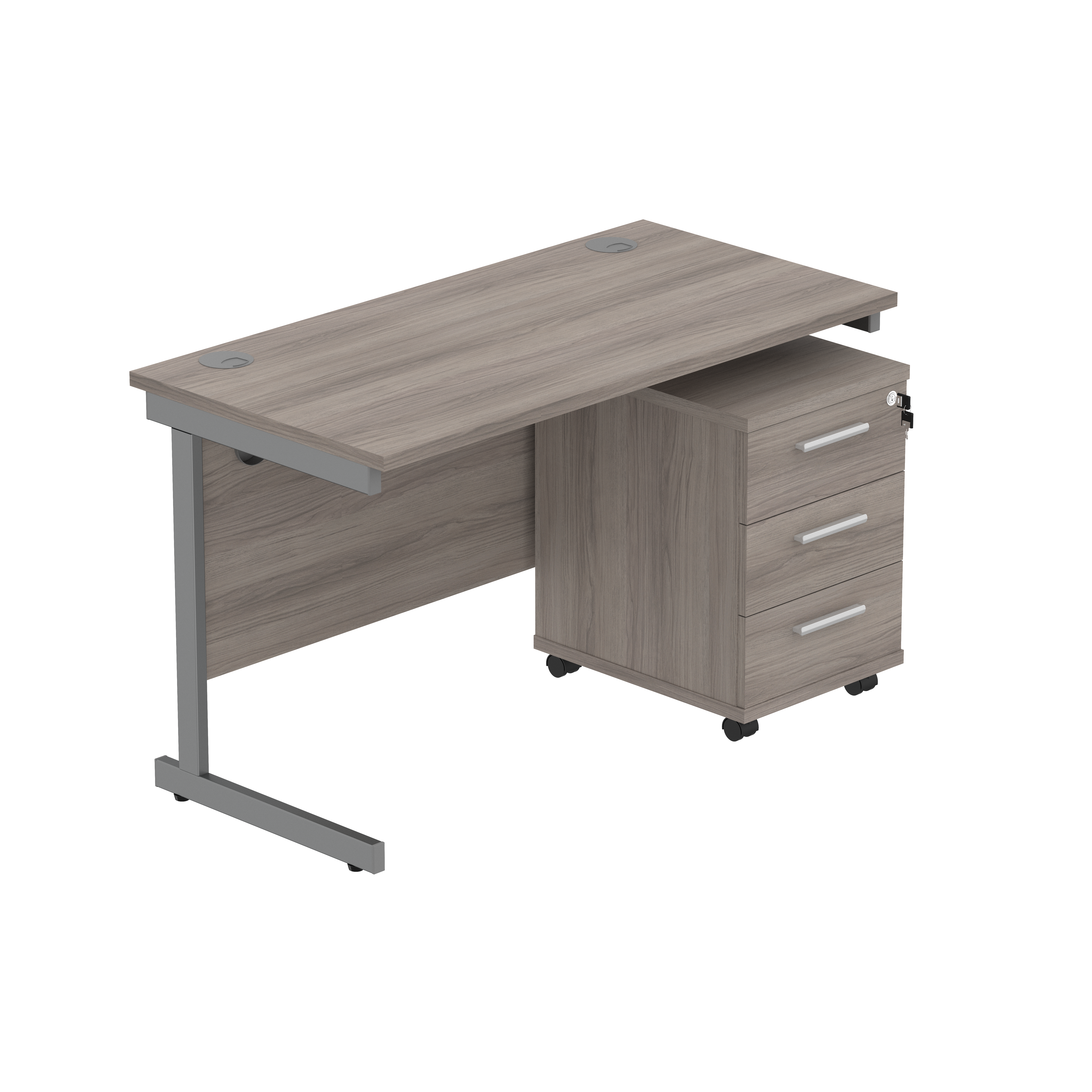 Single Upright Rectangular Desk + 3 Drawer Mobile Under Desk Pedestal (FSC) | 1200 X 600 | Alaskan Grey Oak/Graphite