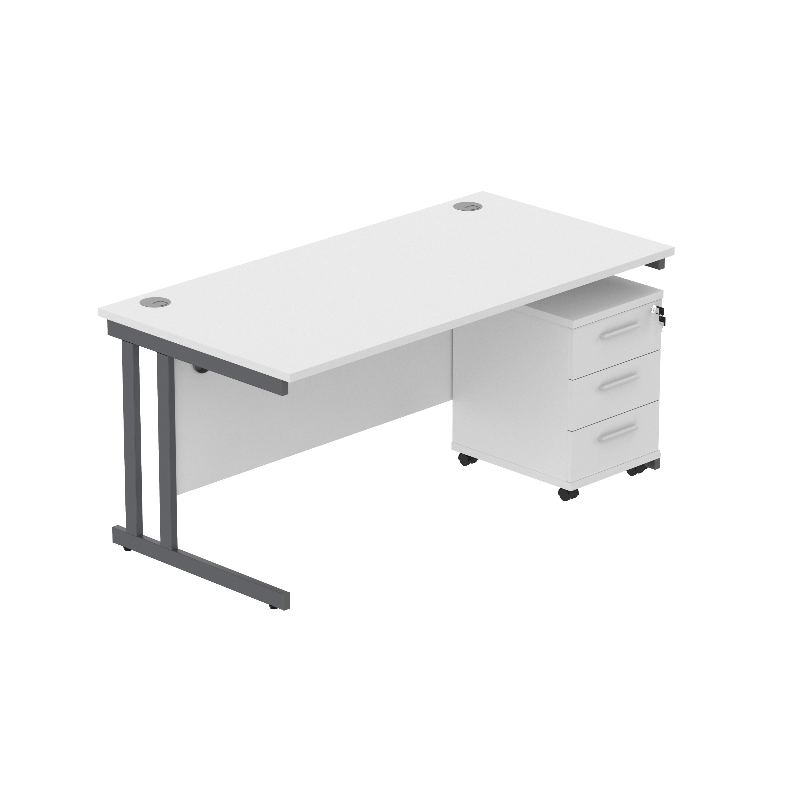 Double Upright Rectangular Desk + 3 Drawer Mobile Under Desk Pedestal (FSC) | 1600X800 | Arctic White/Graphite