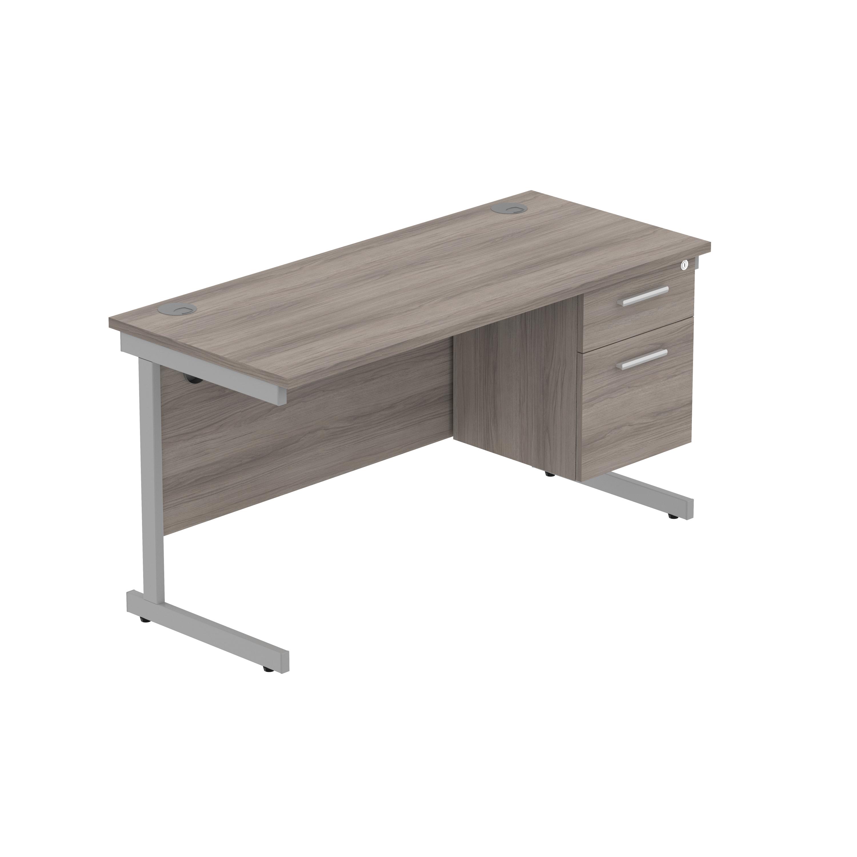 Office Rectangular Desk with Steel Single Upright Cantilever Legs + 2 Drawer Fixed Pedestal (FSC) | 1400X600 | Alaskan Grey Oak/Silver thumbnail 2