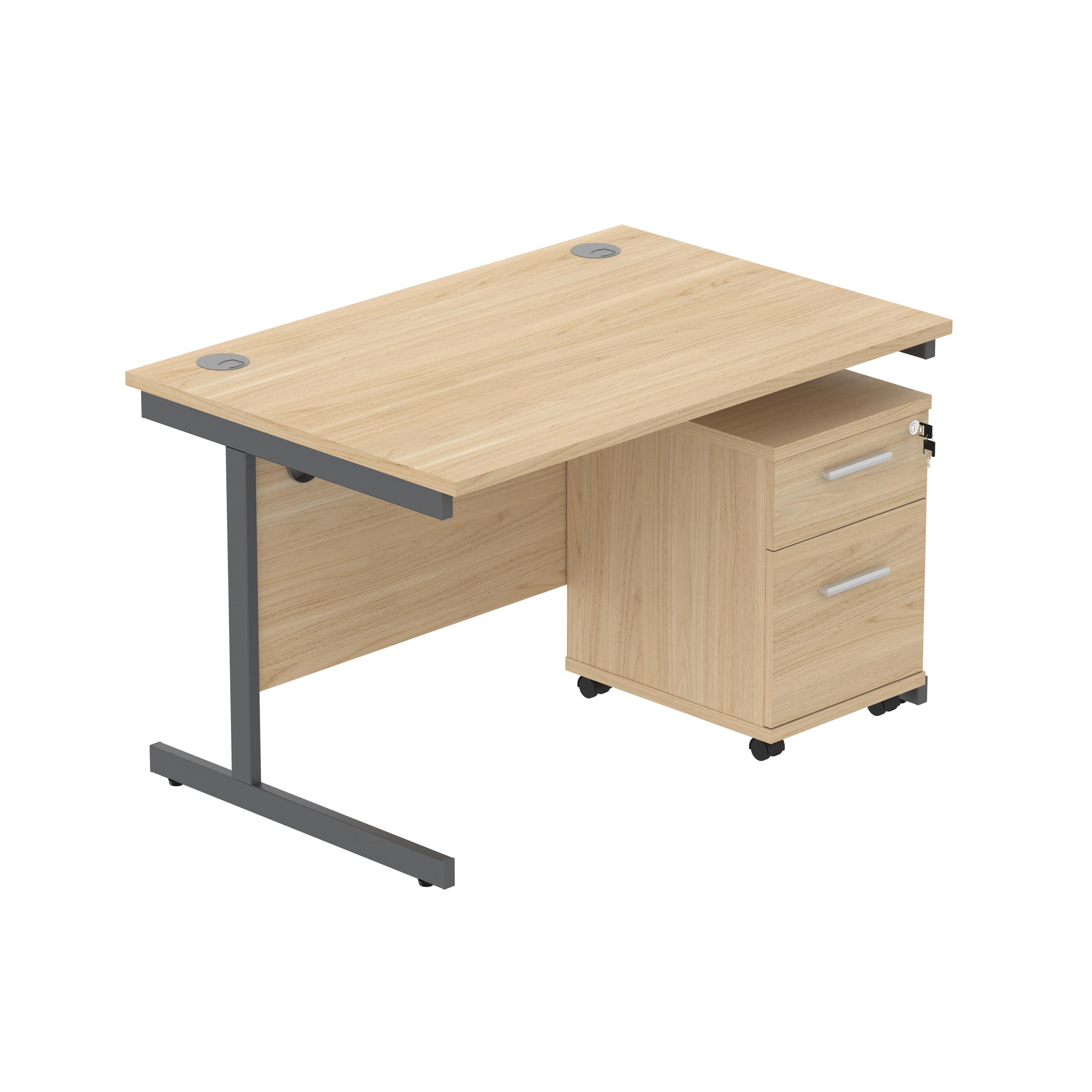Single Upright Rectangular Desk + 2 Drawer Mobile Under Desk Pedestal (FSC) | 1200 X 800 | Canadian Oak/Graphite