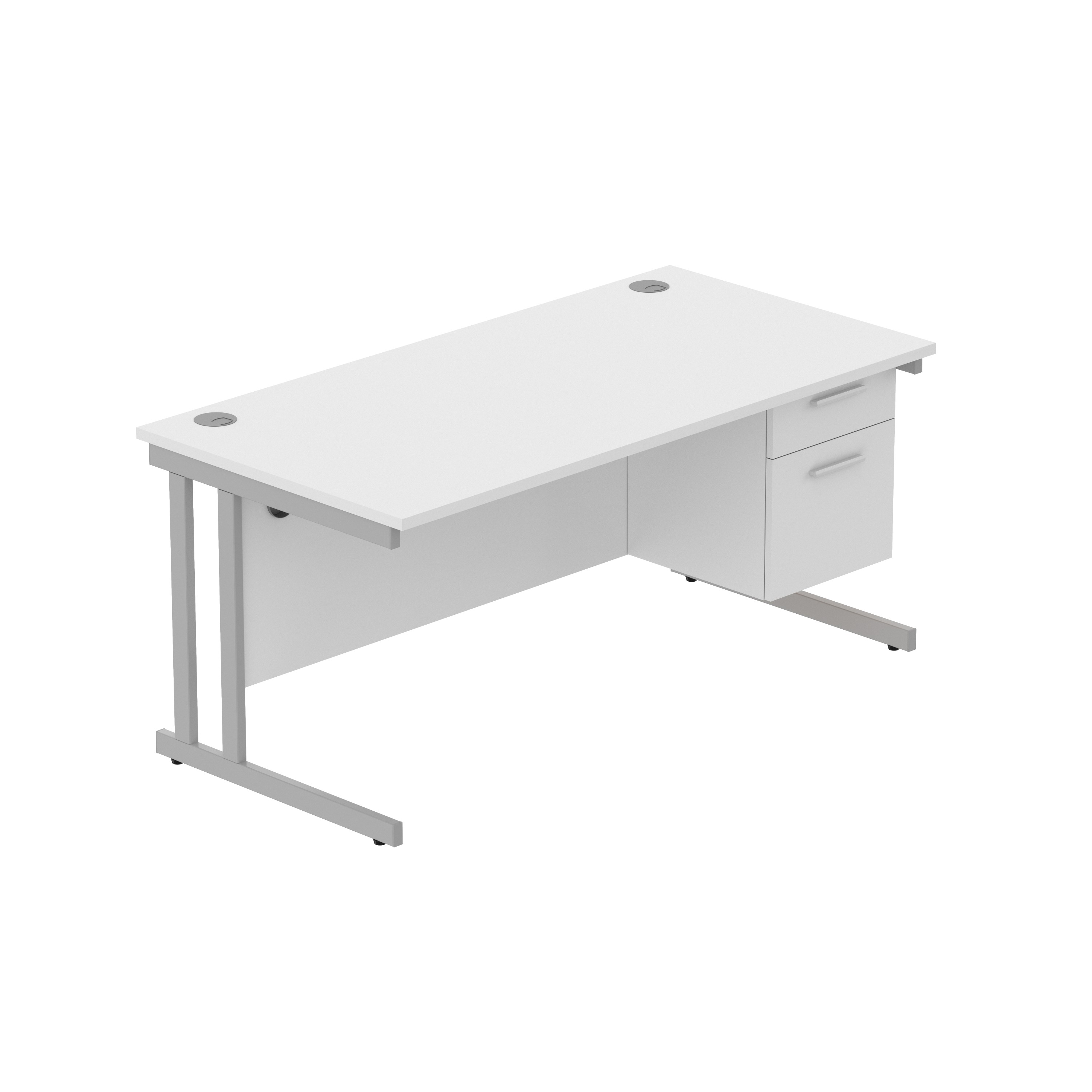 Office Rectangular Desk with Steel Double Upright Cantilever Legs + 2 Drawer Fixed Pedestal (FSC) | 1600X800 | Arctic White/Silver