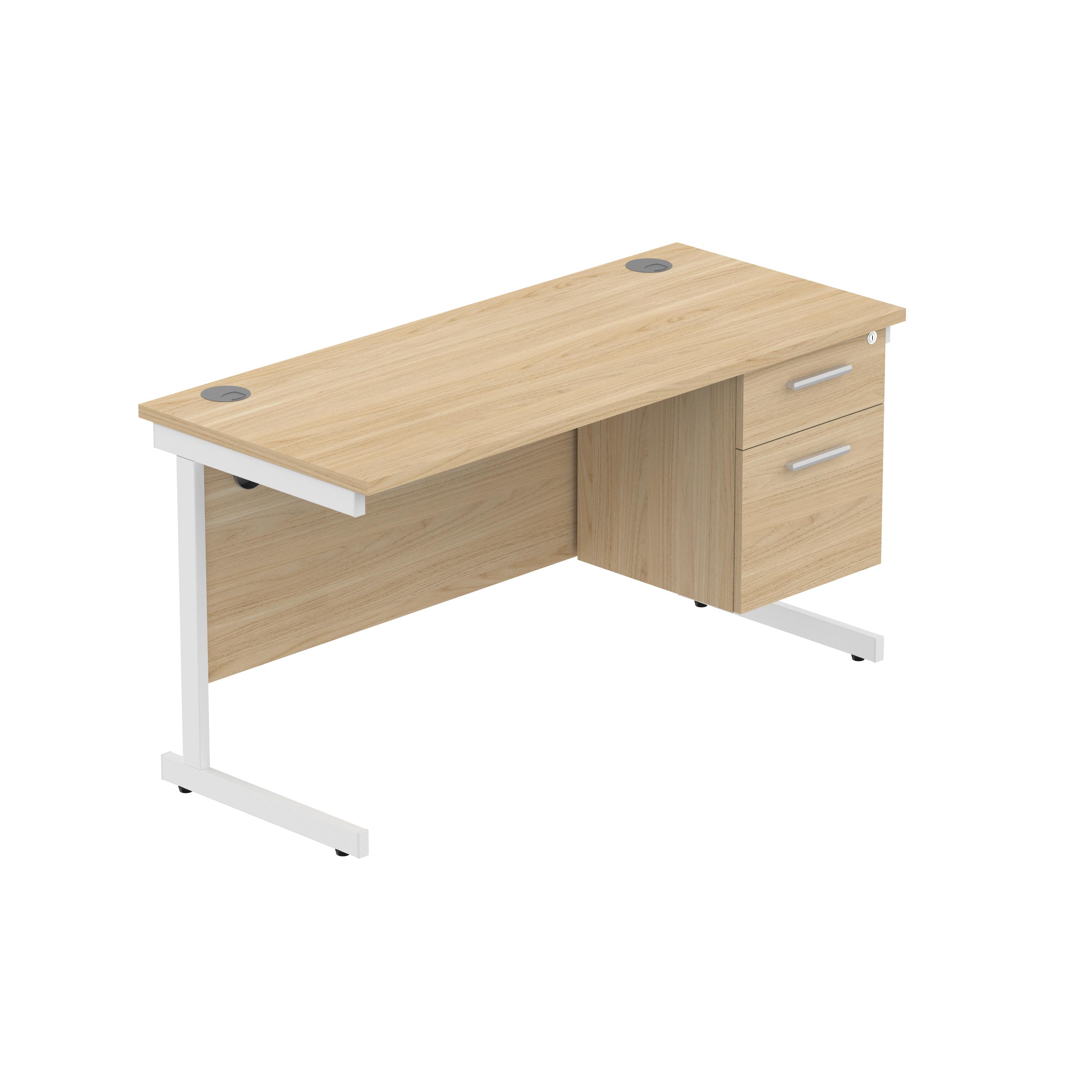 Office Rectangular Desk with Steel Single Upright Cantilever Legs + 2 Drawer Fixed Pedestal (FSC) | 1400X600 | Canadian Oak/White thumbnail 2